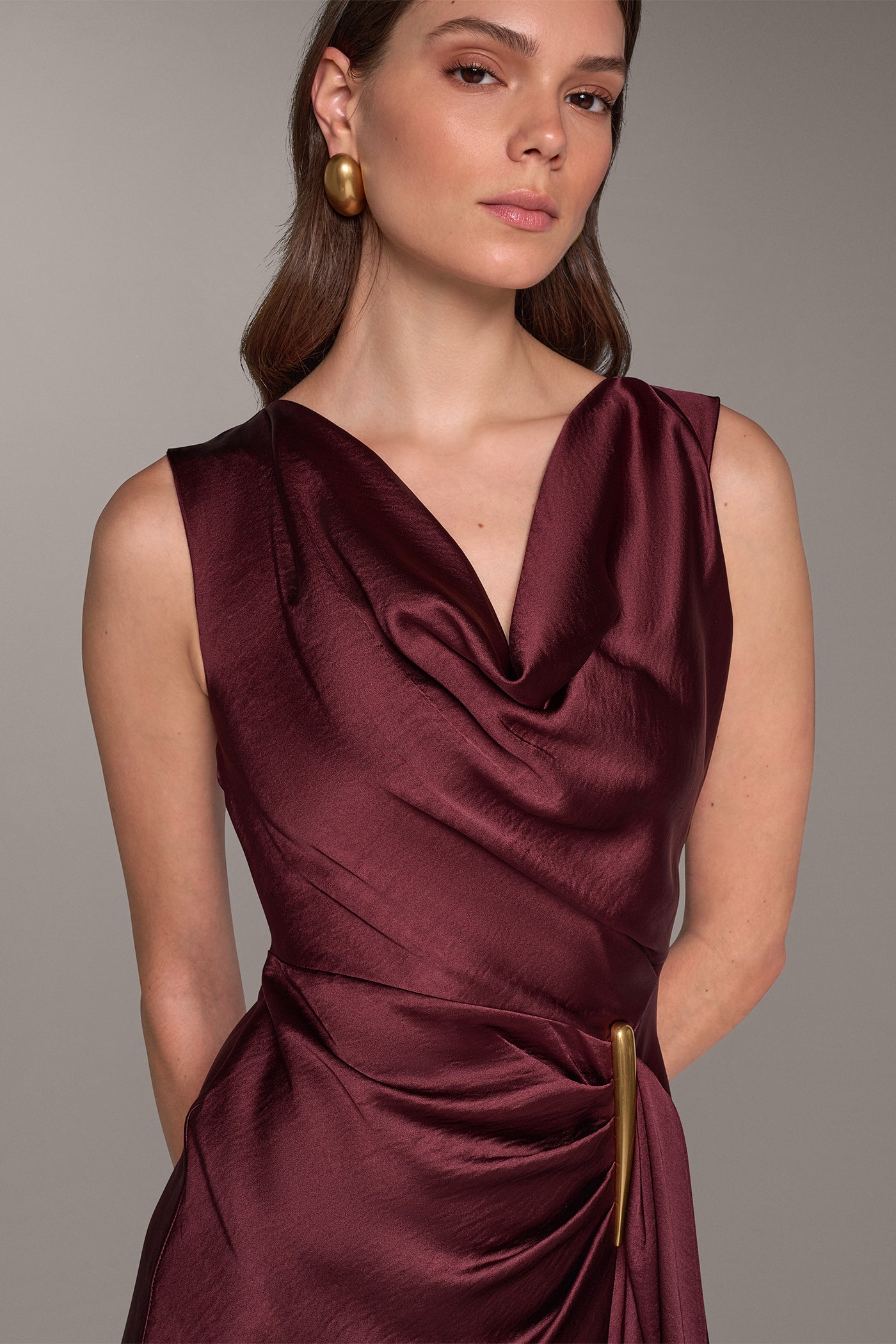 SATIN COWL NECK RUFFLE GOWN VIEW 4