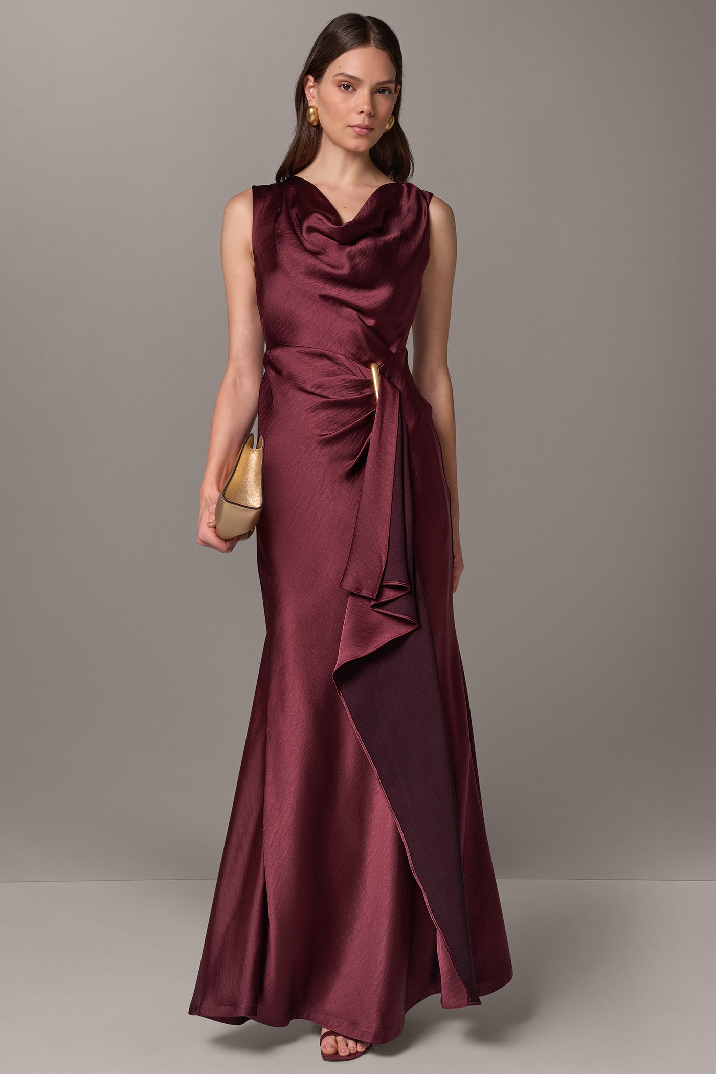 SATIN COWL NECK RUFFLE GOWN VIEW 7