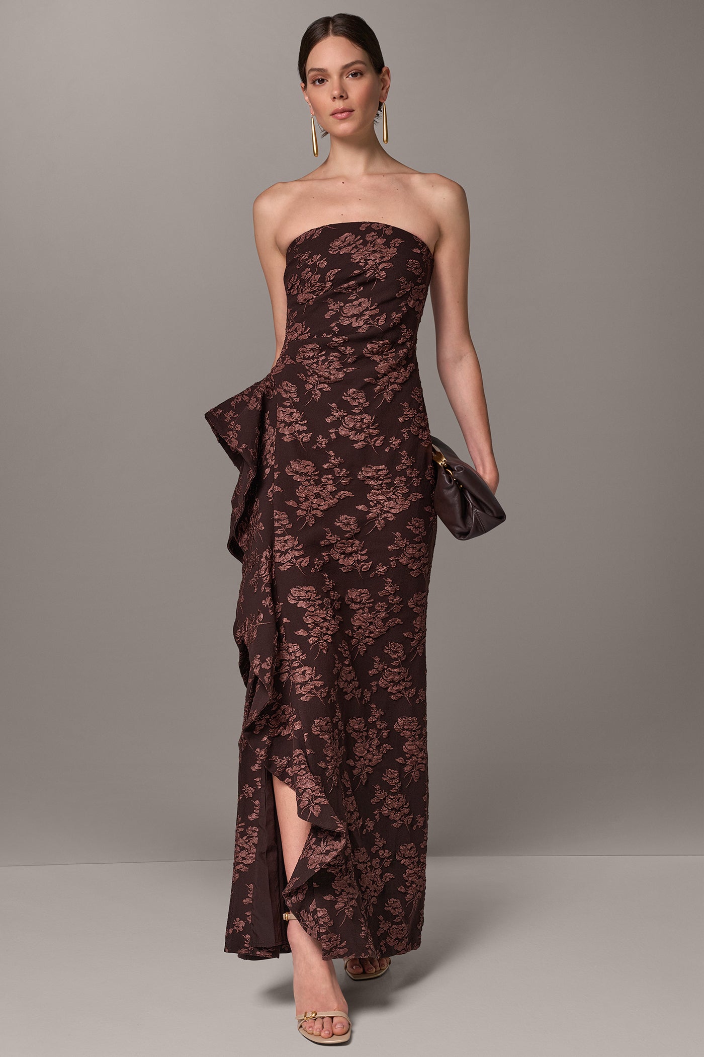 FLORAL STRAPLESS RUFFLE GOWN VIEW 1