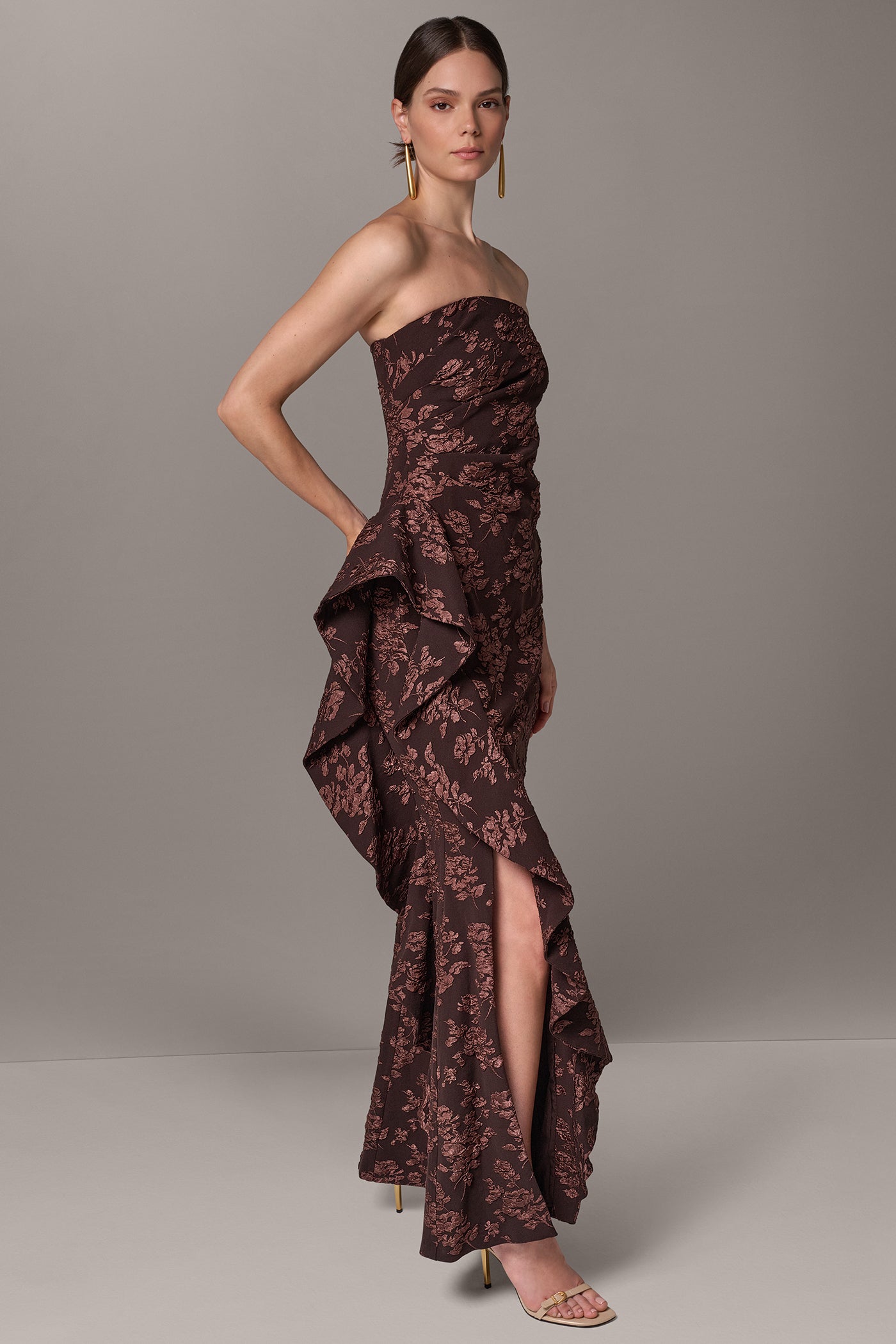 FLORAL STRAPLESS RUFFLE GOWN VIEW 3