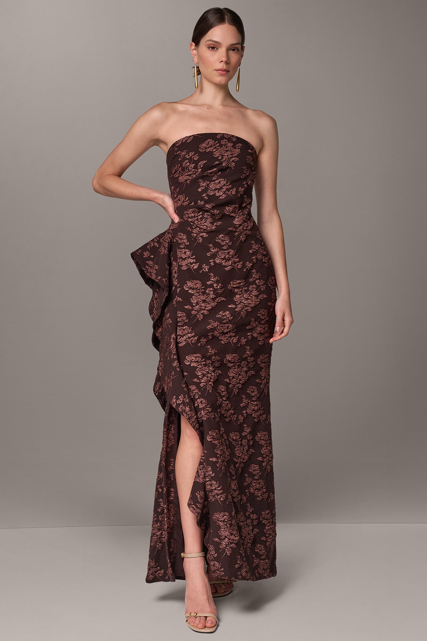 FLORAL STRAPLESS RUFFLE GOWN VIEW 8