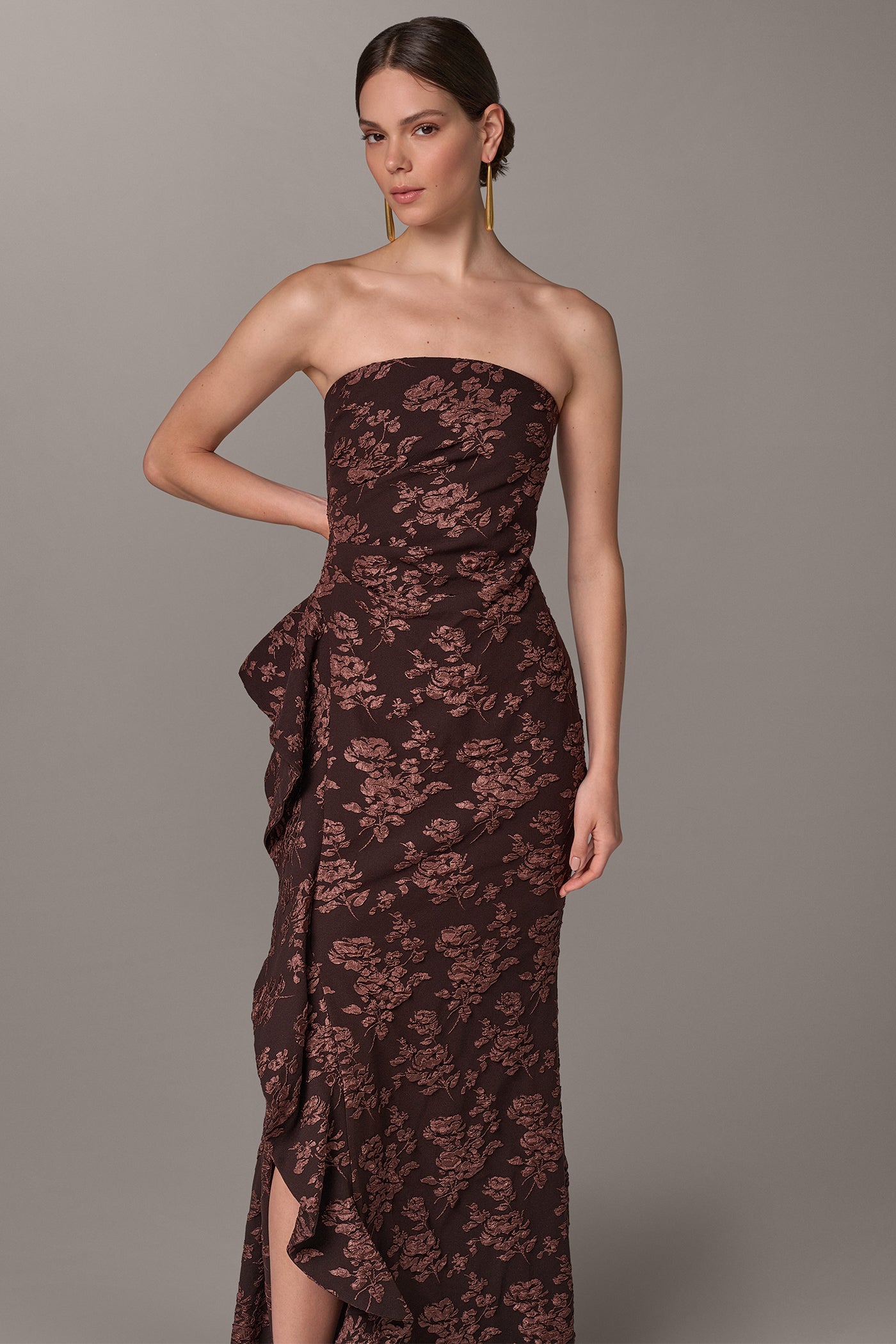 FLORAL STRAPLESS RUFFLE GOWN VIEW 7