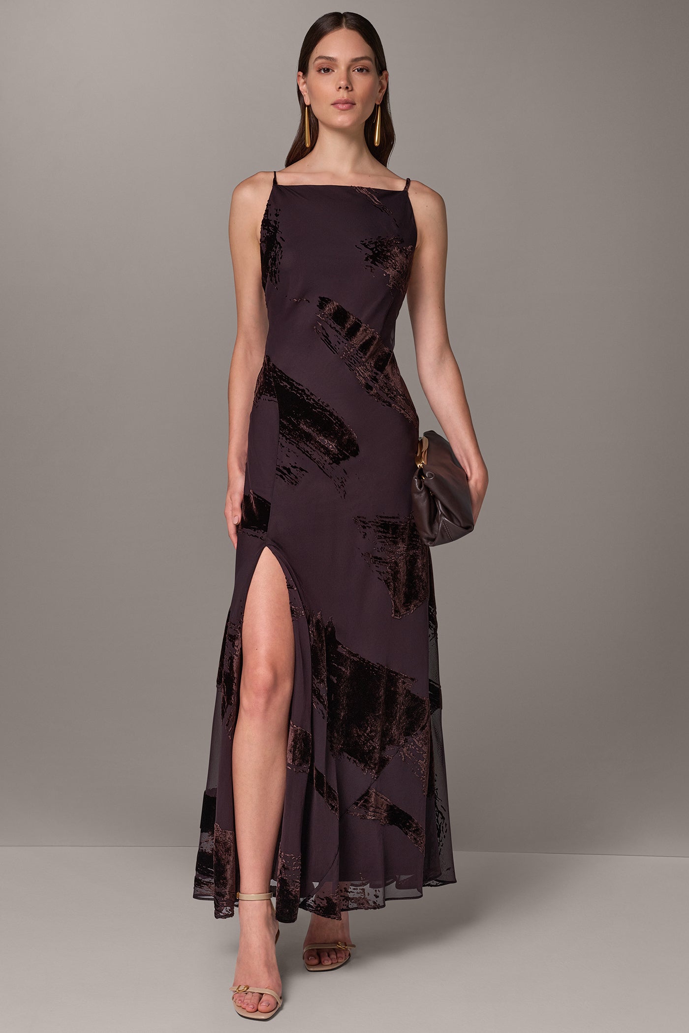 VELVET BURNOUT LOW V-BACK GOWN VIEW 1