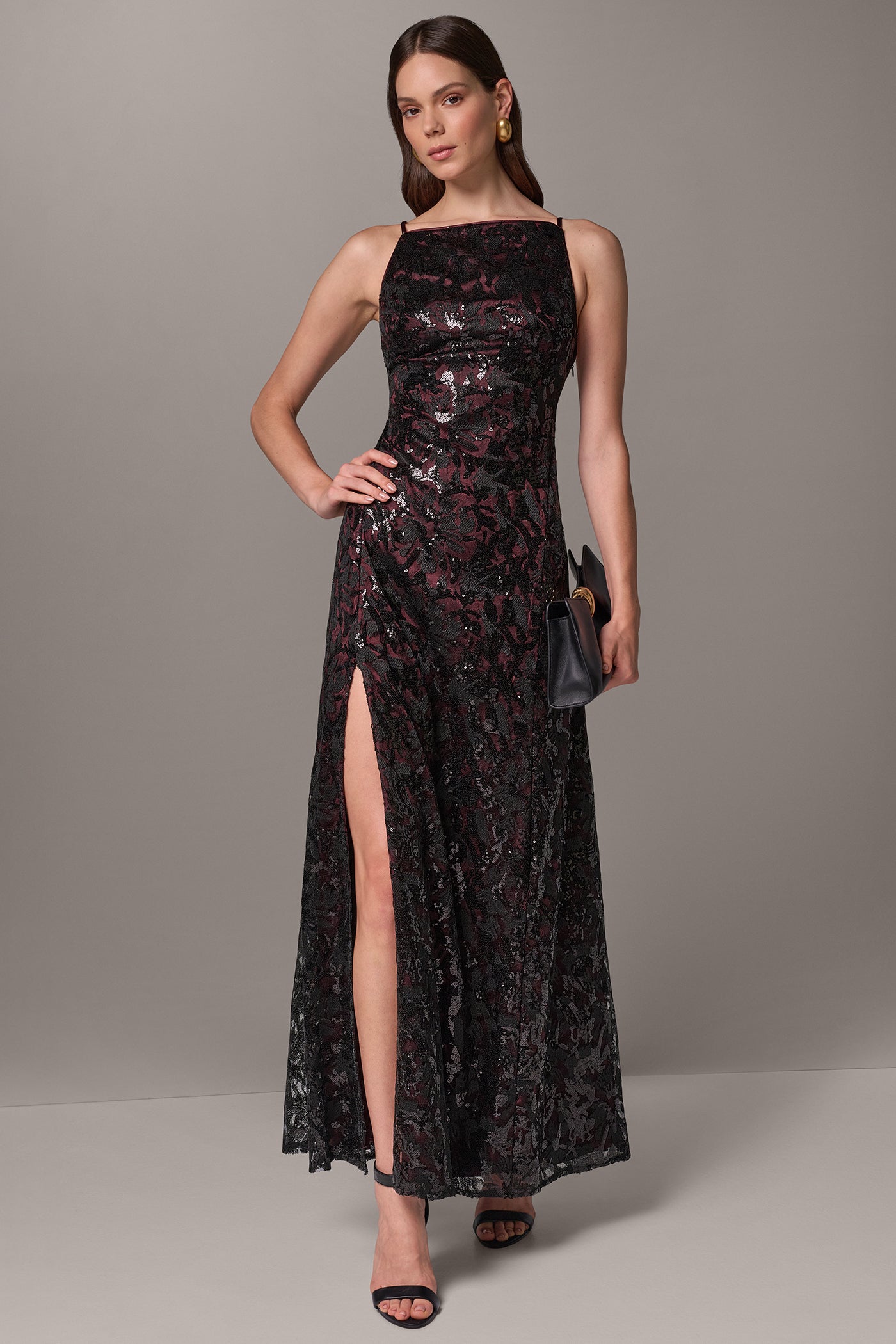 SEQUIN FLORAL LOW V-BACK GOWN VIEW 1