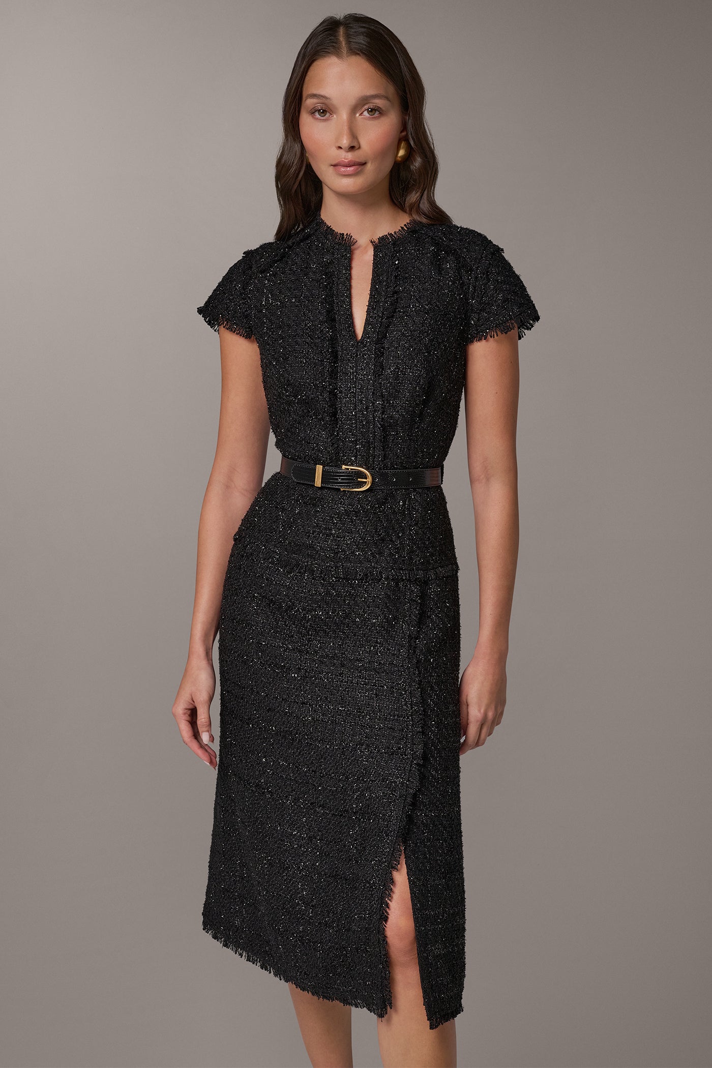 TWEED SPLIT NECK MIDI DRESS VIEW 8