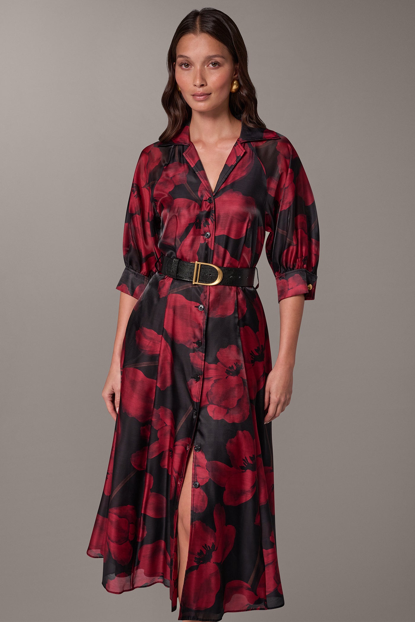 3/4 SLEEVE FLORAL MIDI SHIRT DRESS VIEW 2