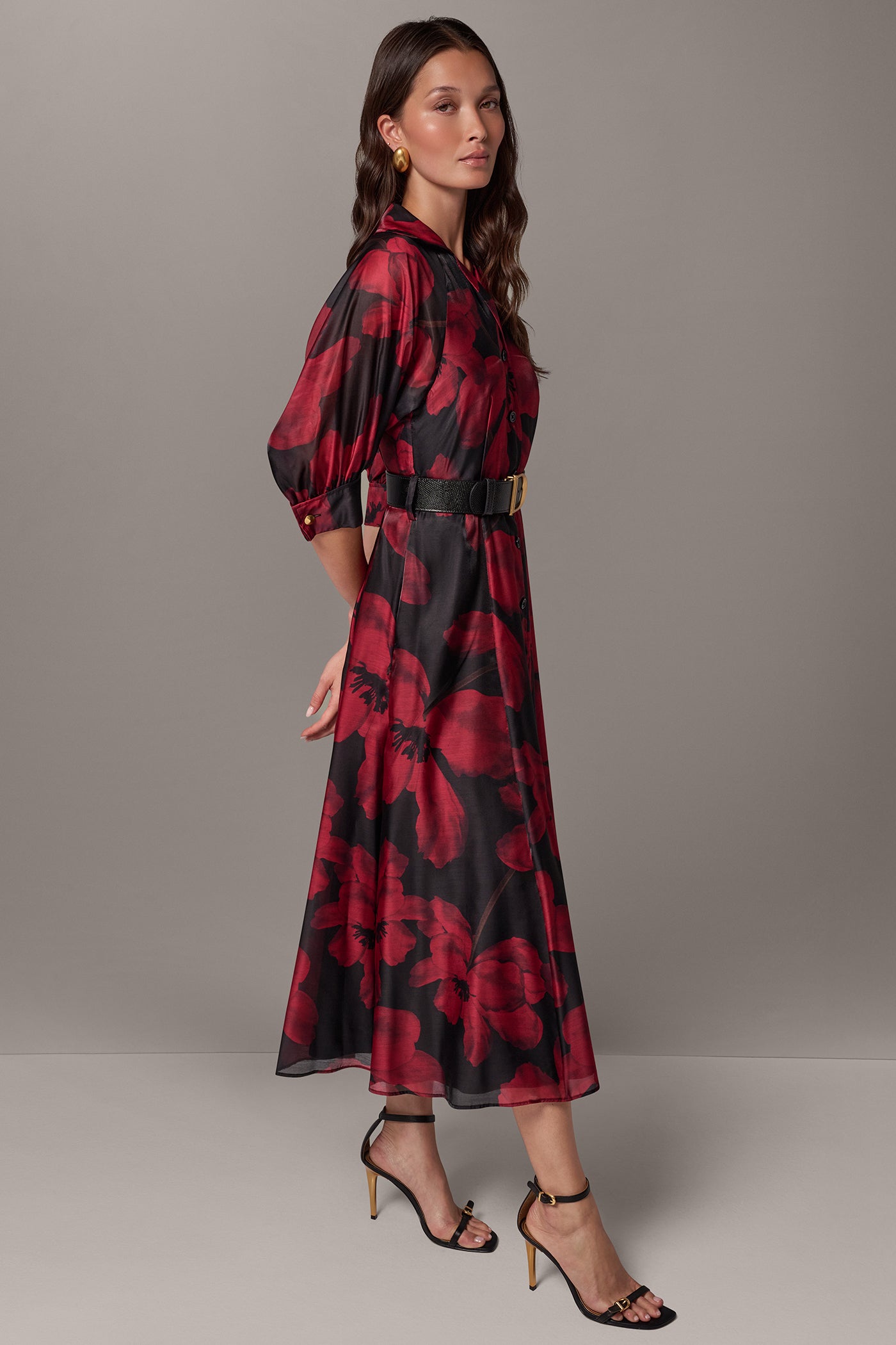 3/4 SLEEVE FLORAL MIDI SHIRT DRESS VIEW 8
