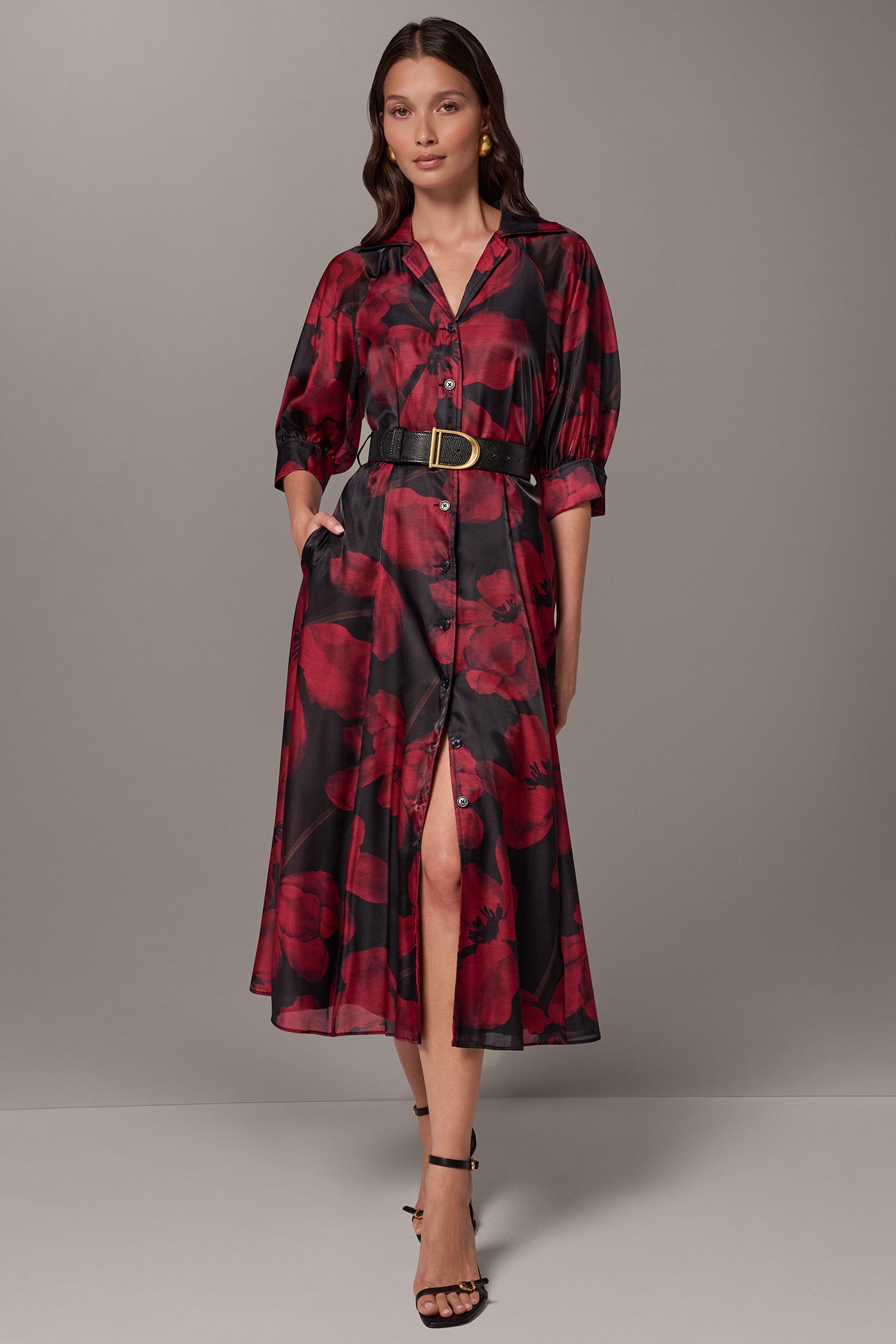 3/4 SLEEVE FLORAL MIDI SHIRT DRESS VIEW 6