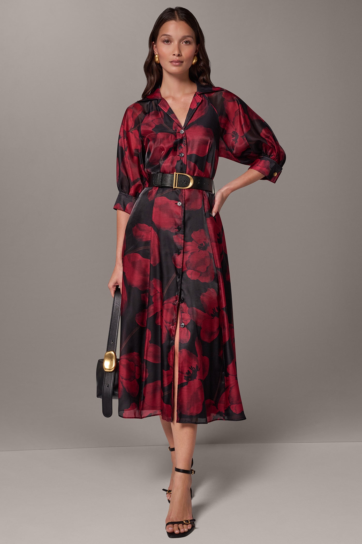 3/4 SLEEVE FLORAL MIDI SHIRT DRESS VIEW 1