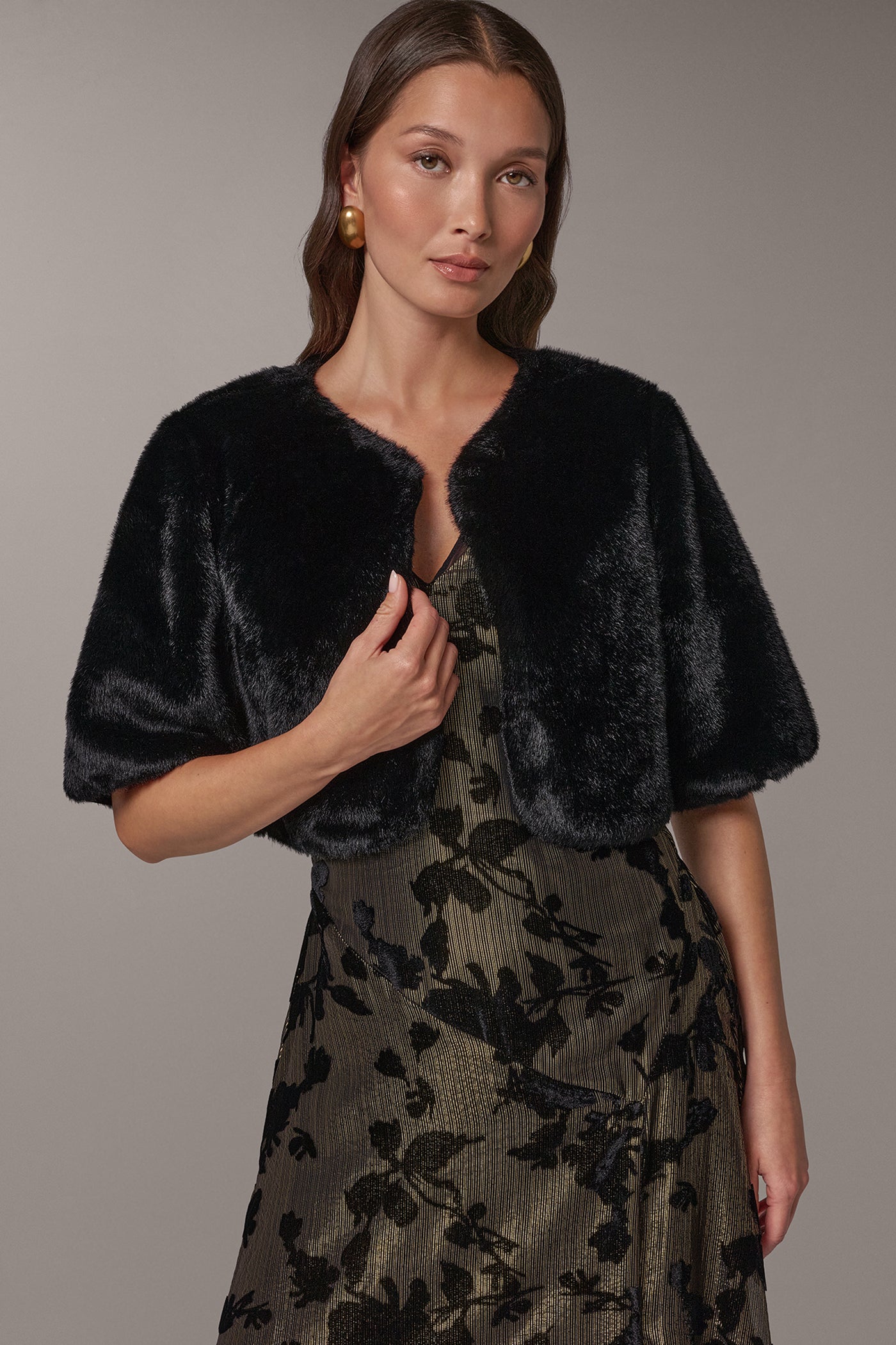 FAUX FUR SATIN LINED SHRUG VIEW 1