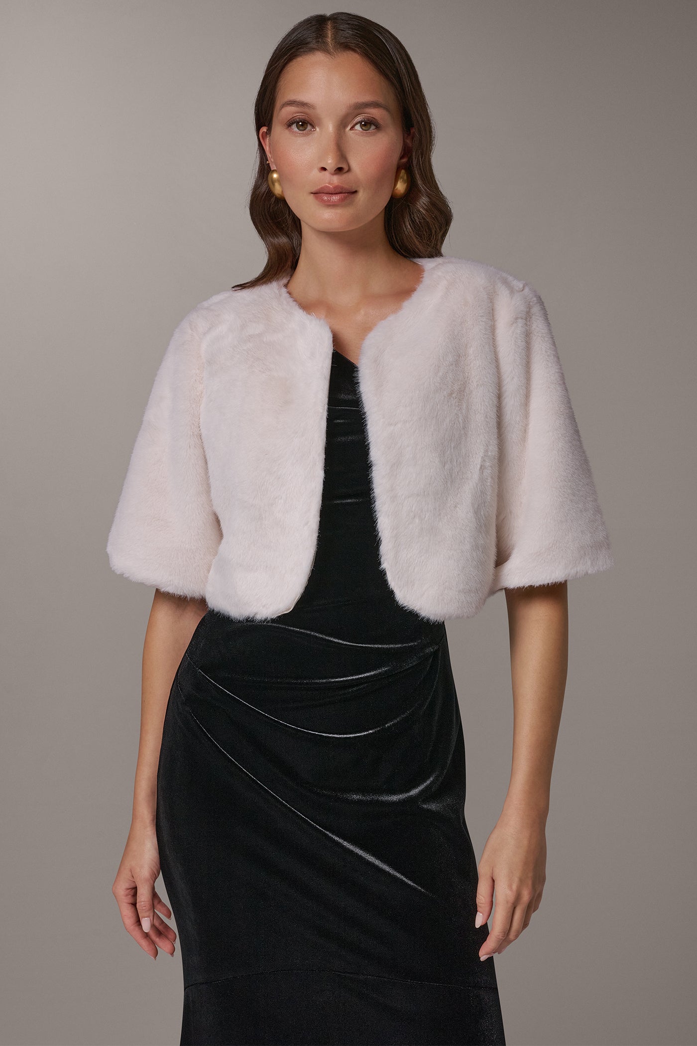 FAUX FUR SATIN LINED SHRUG VIEW 1