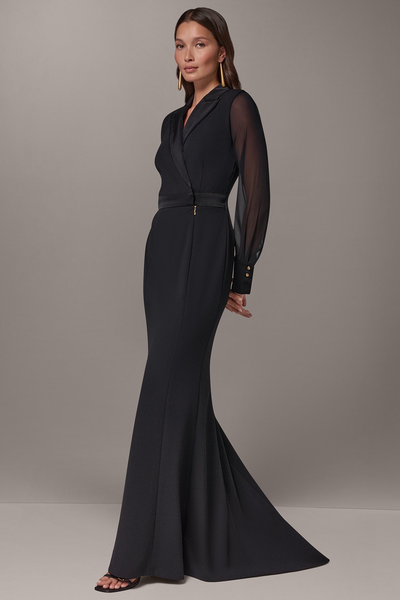 WRAP-EFFECT MIXED MEDIA TRUMPET GOWN VIEW 2