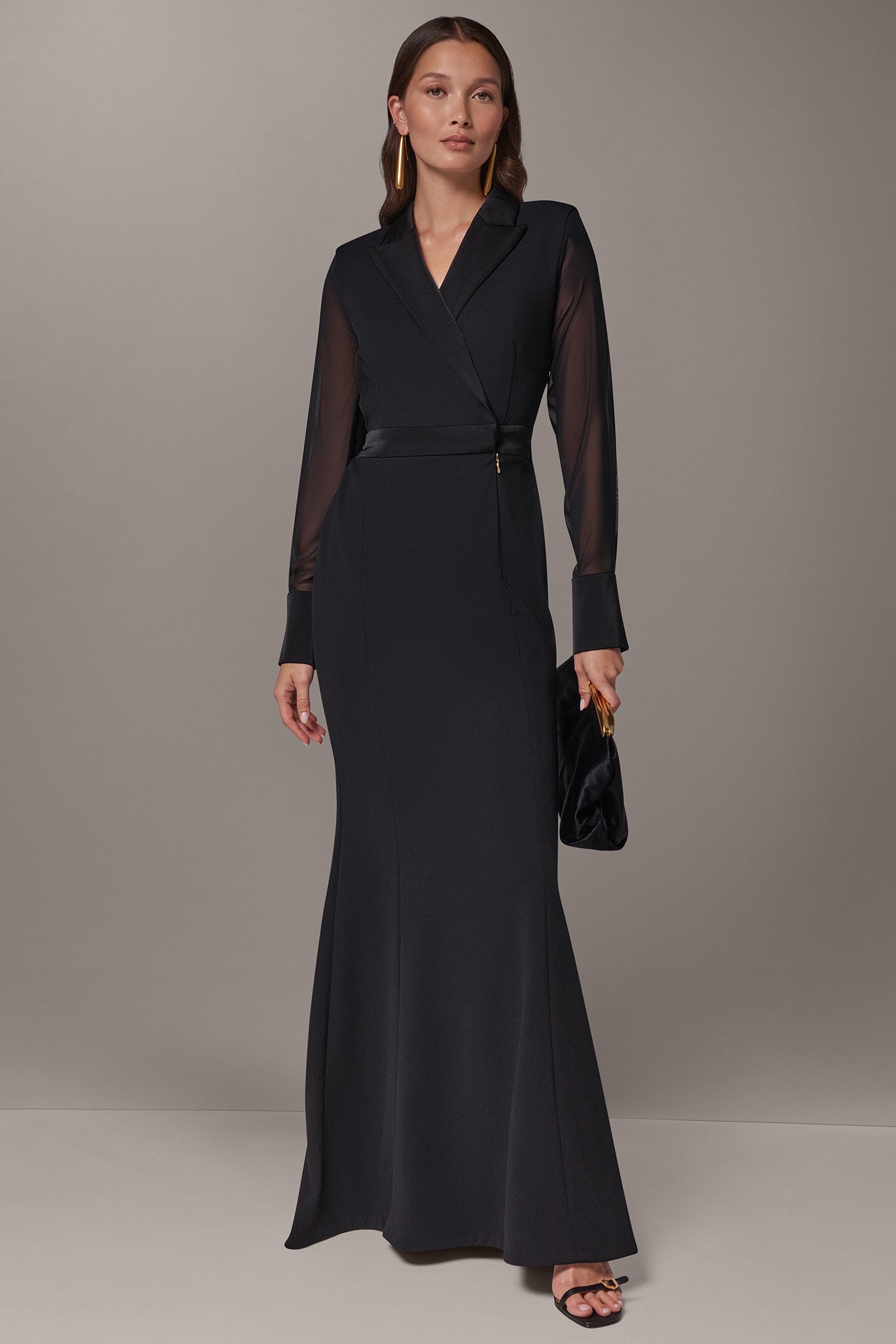 WRAP-EFFECT MIXED MEDIA TRUMPET GOWN VIEW 1