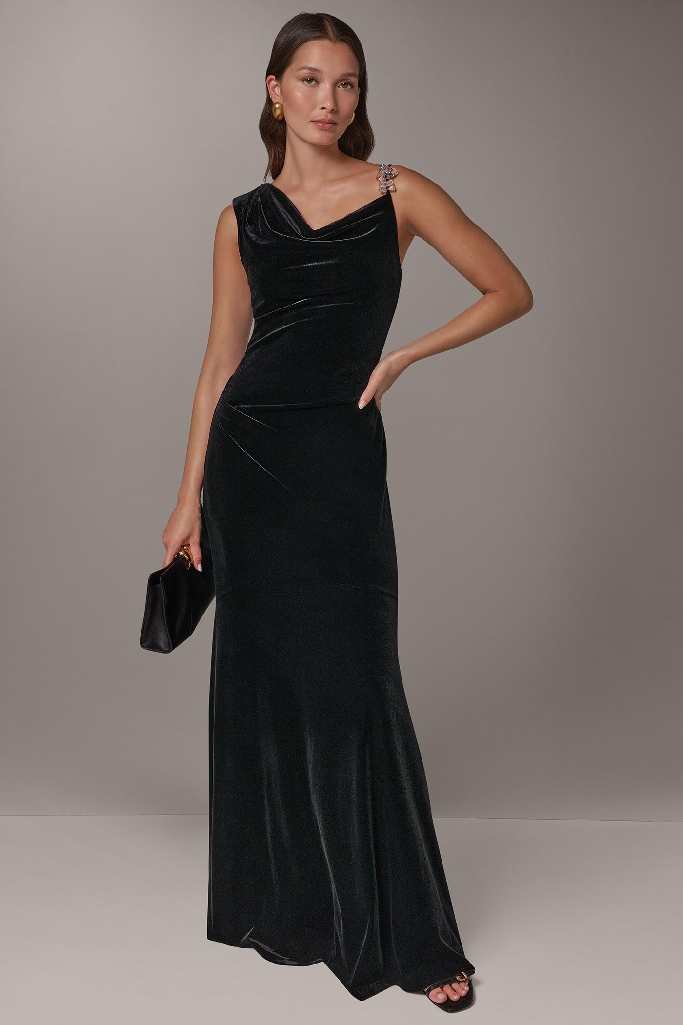VELVET ASYMMETRIC TRUMPET GOWN VIEW 1
