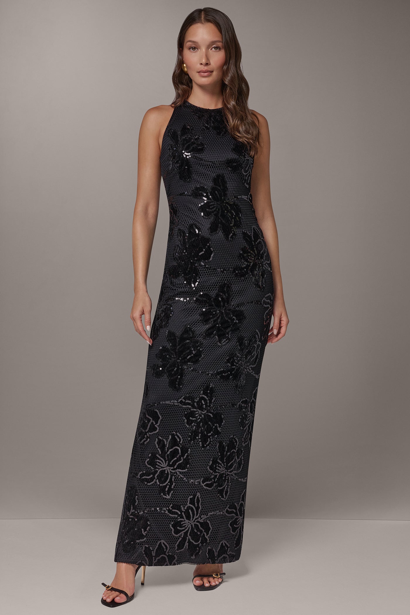 SEQUIN FLORAL VELVET MAXI DRESS VIEW 1