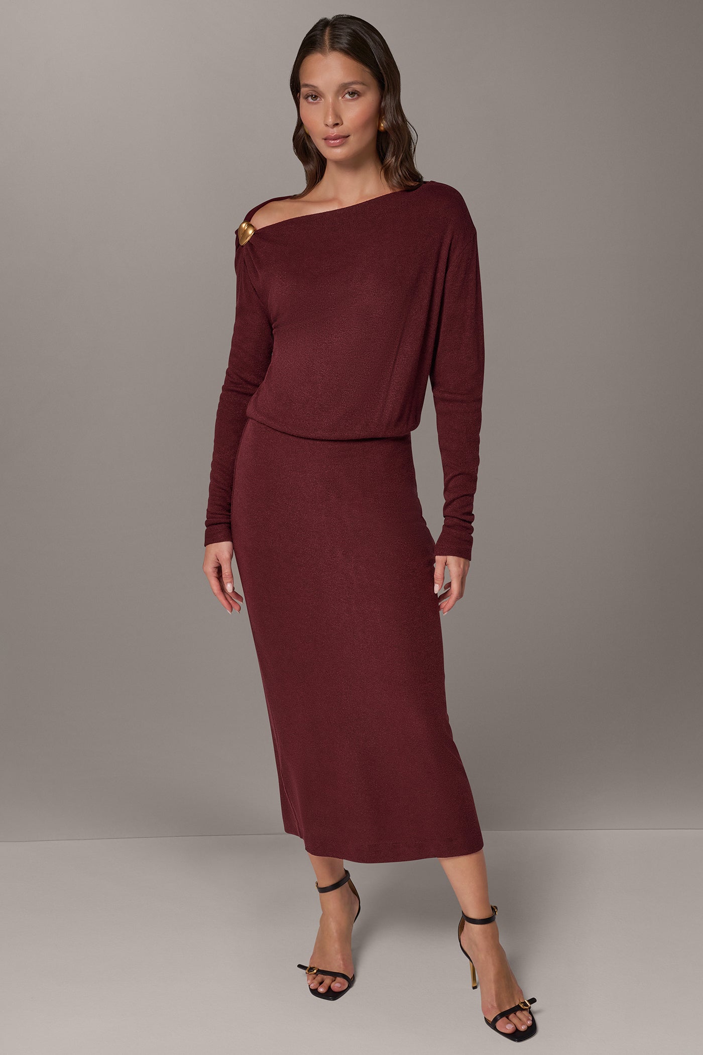 ASYMMETRIC NECK MIDI SWEATER DRESS VIEW 1