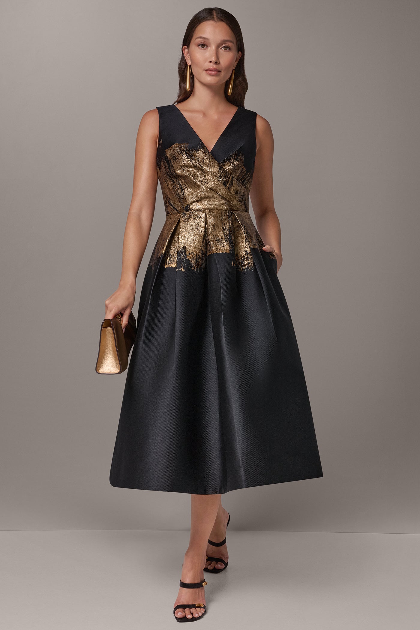 FLORAL METALLIC BRUSHSTOKE MIDI DRESS VIEW 1