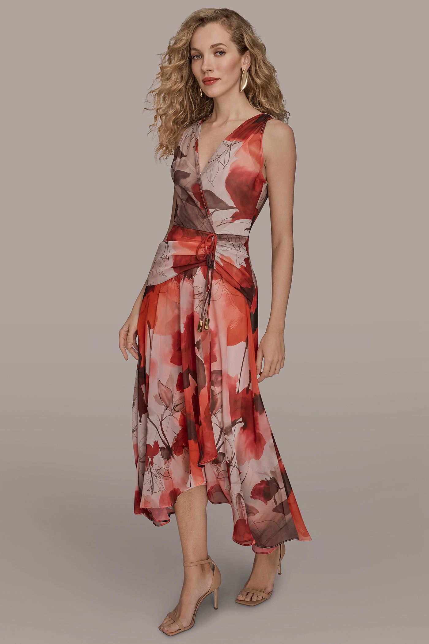 SLEEVELESS FLORAL FAUX WRAP A LINE MIDI VIEW 3 | Event Dressing