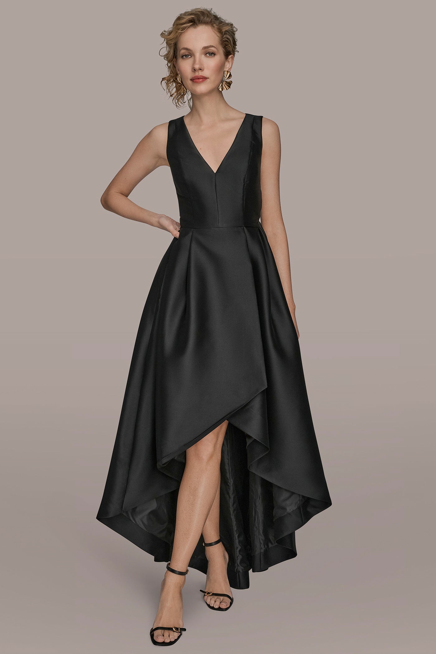 TAFFETA SLEEVELESS V-NECK HIGH-LOW GOWN | View 1 | Black Dresses