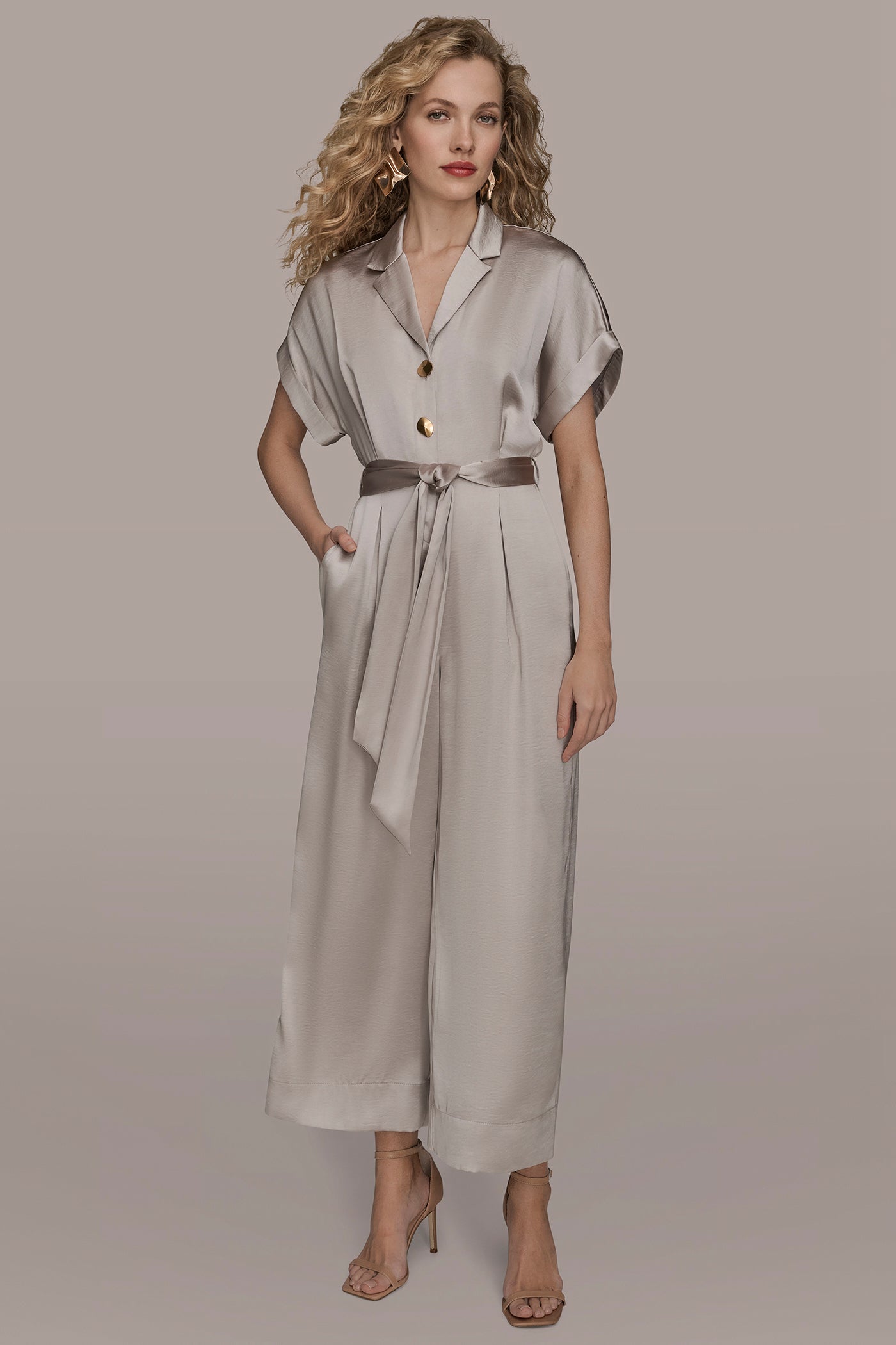 SATIN SHORT SLEEVE TIE-FRONT JUMPSUIT | View 1 | New clothing