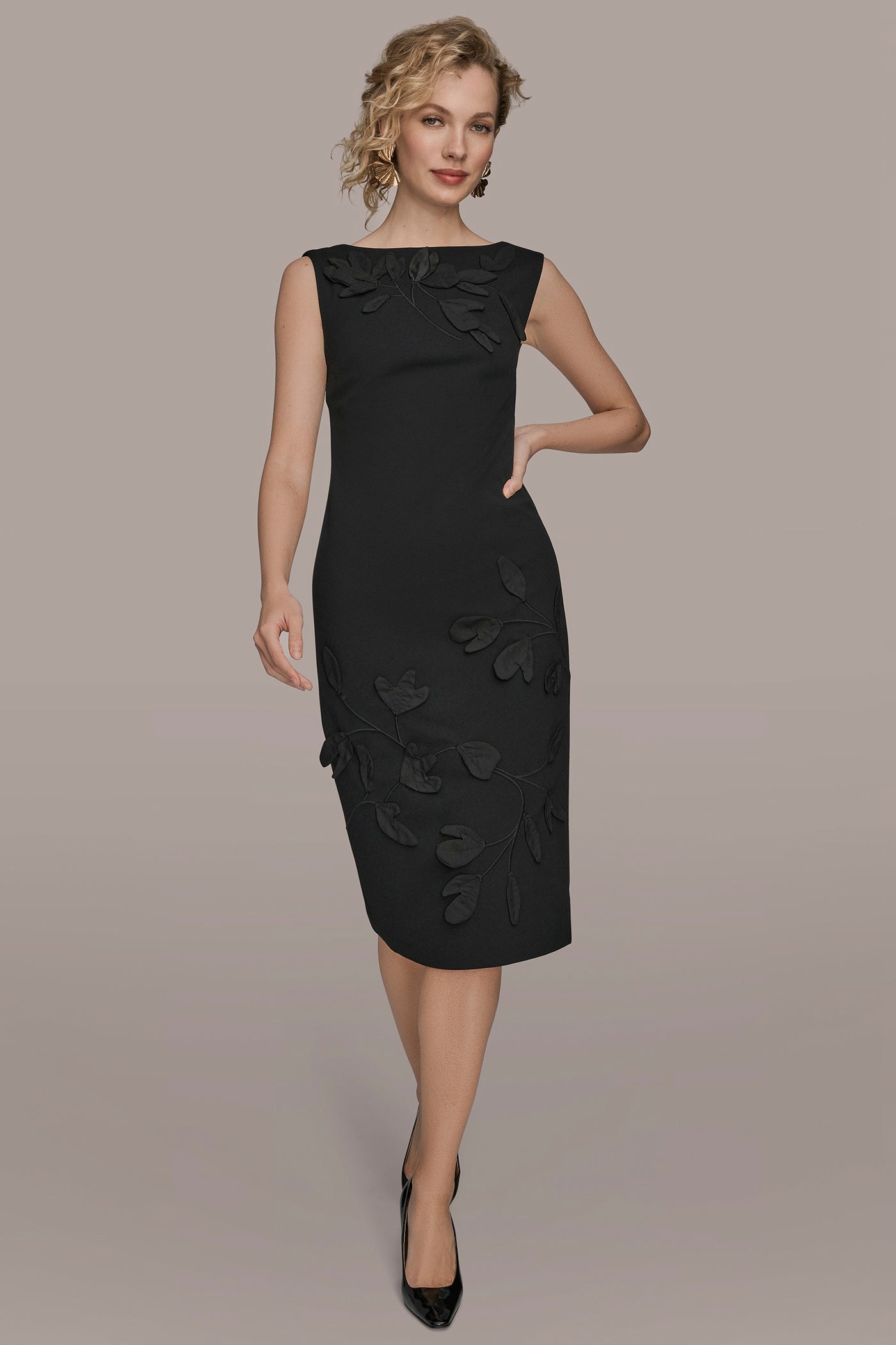 SLEEVELESS 3D FLORAL MIDI SHEATH | View 1 | Black Dresses