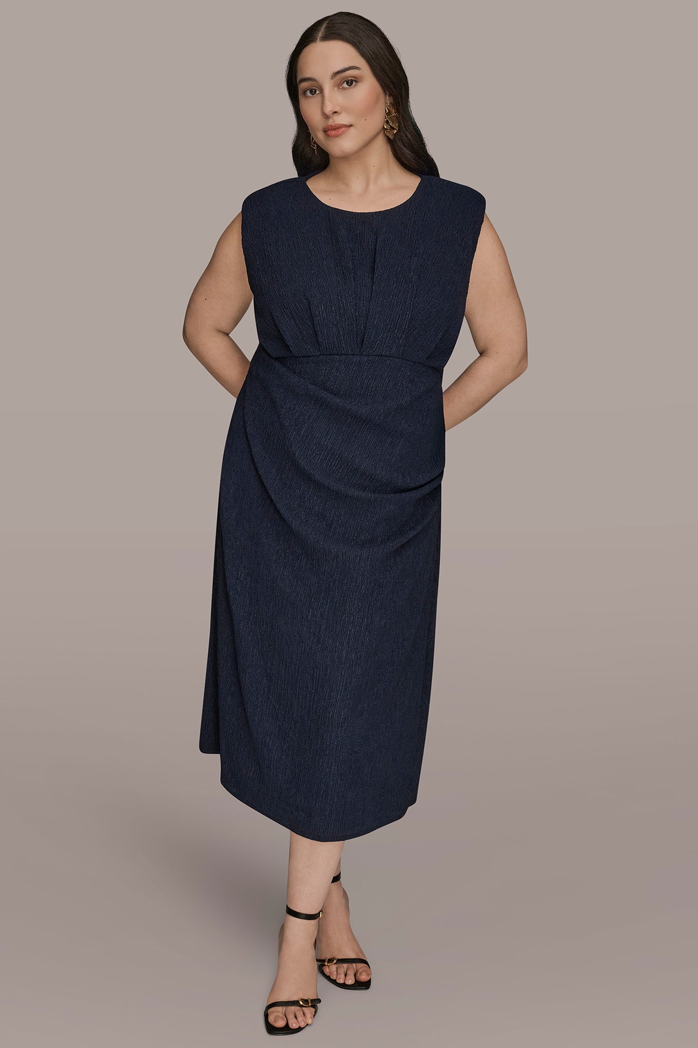 Crinkled Sleeveless Ruched Midi Dress | A-Line Dress | Donna Karan Crinkled Sleeveless Ruched Midi Dress | A-Line Dress | Donna Karan