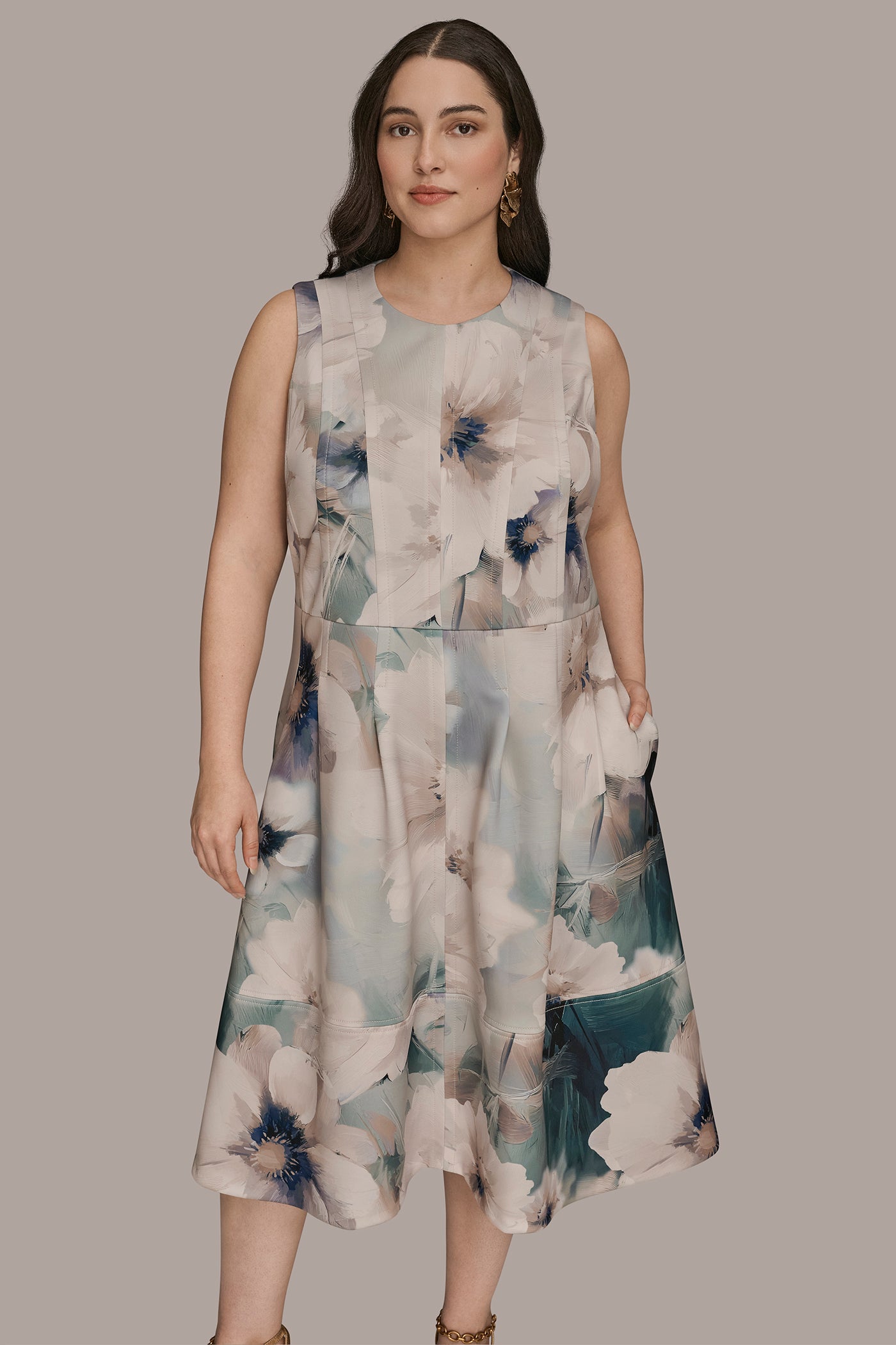 donna karan floral midi dress Donna Karan New York Women's Strapless Jacquard Fit & Flare Floral Midi Dress - Nightfall/Cream