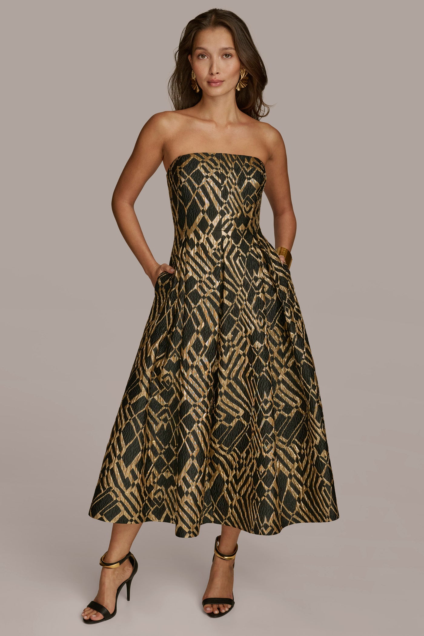 STRAPLESS BROCADE MIDI GOWN | View 1 | Cocktail & Party