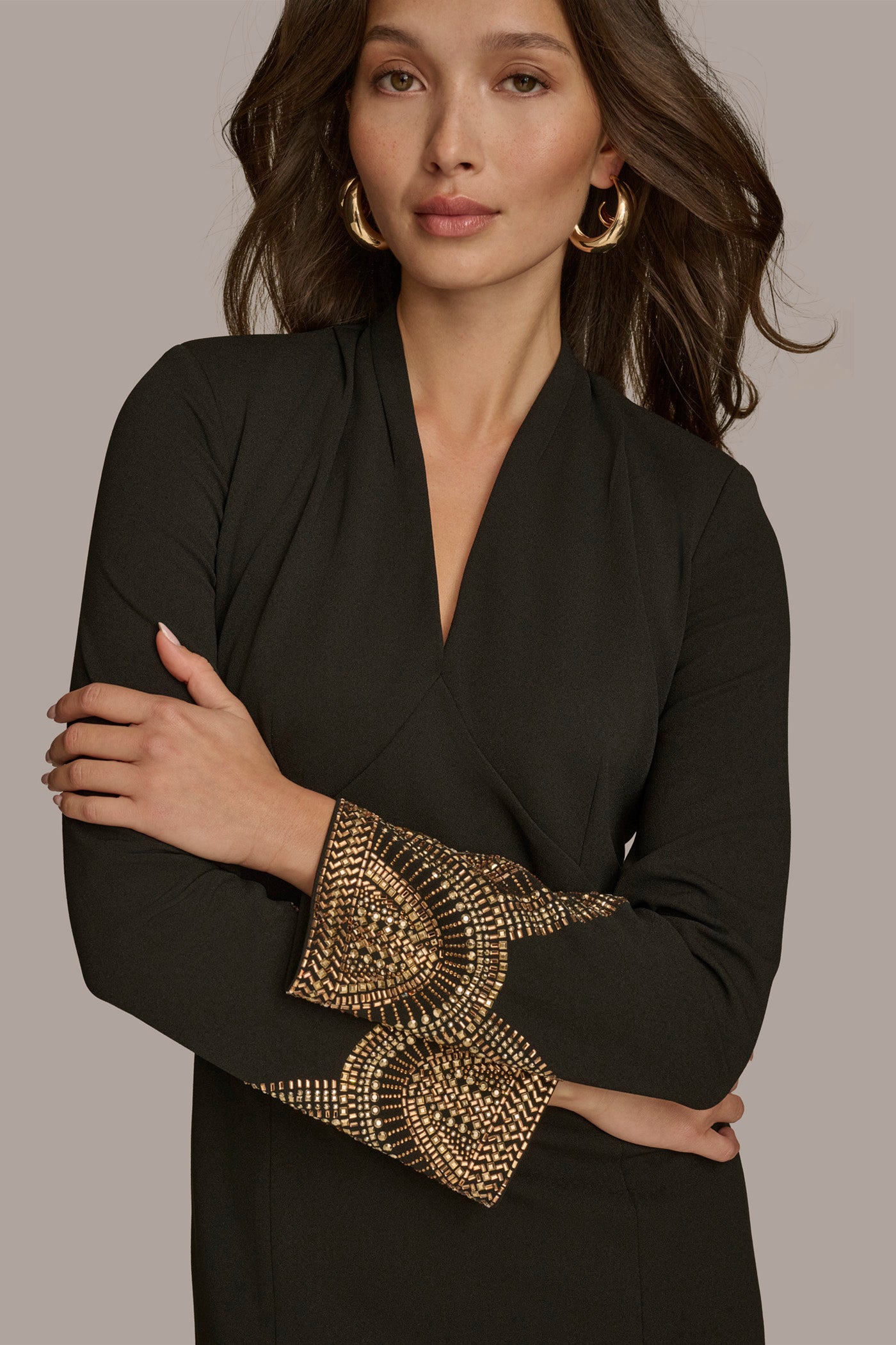donna karan long sleeve dress Donna Karan New York Women's Long Sleeve Front Slit Ruched Gown