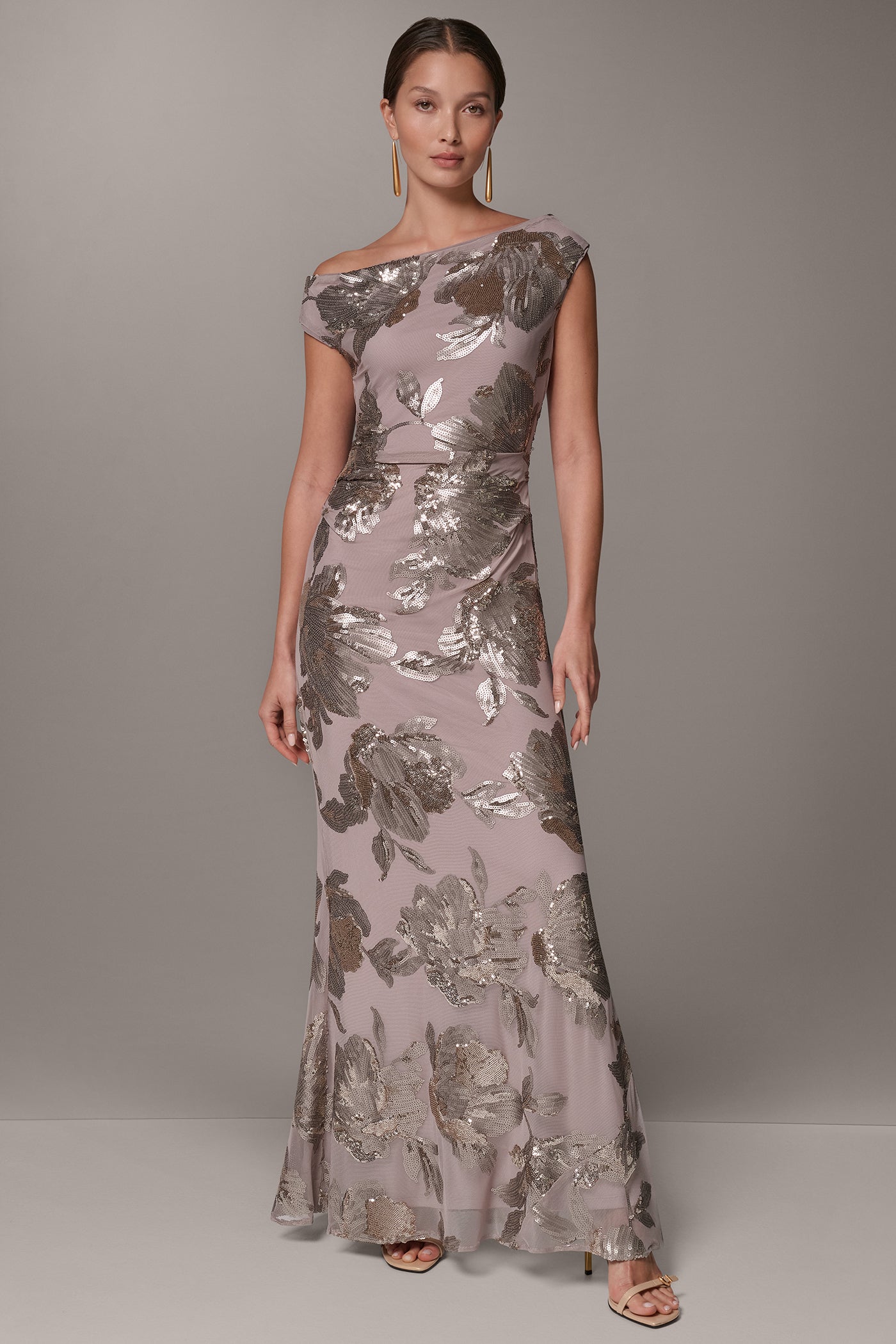 SEQUIN FLORAL ASYMMETRIC GOWN