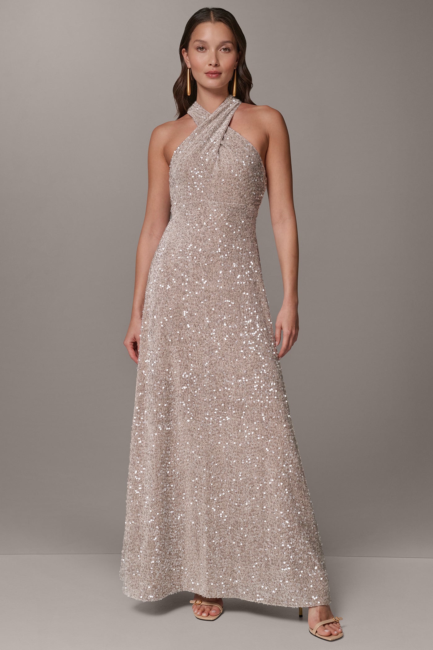 SEQUIN VELVET HALTER GOWN VIEW 1