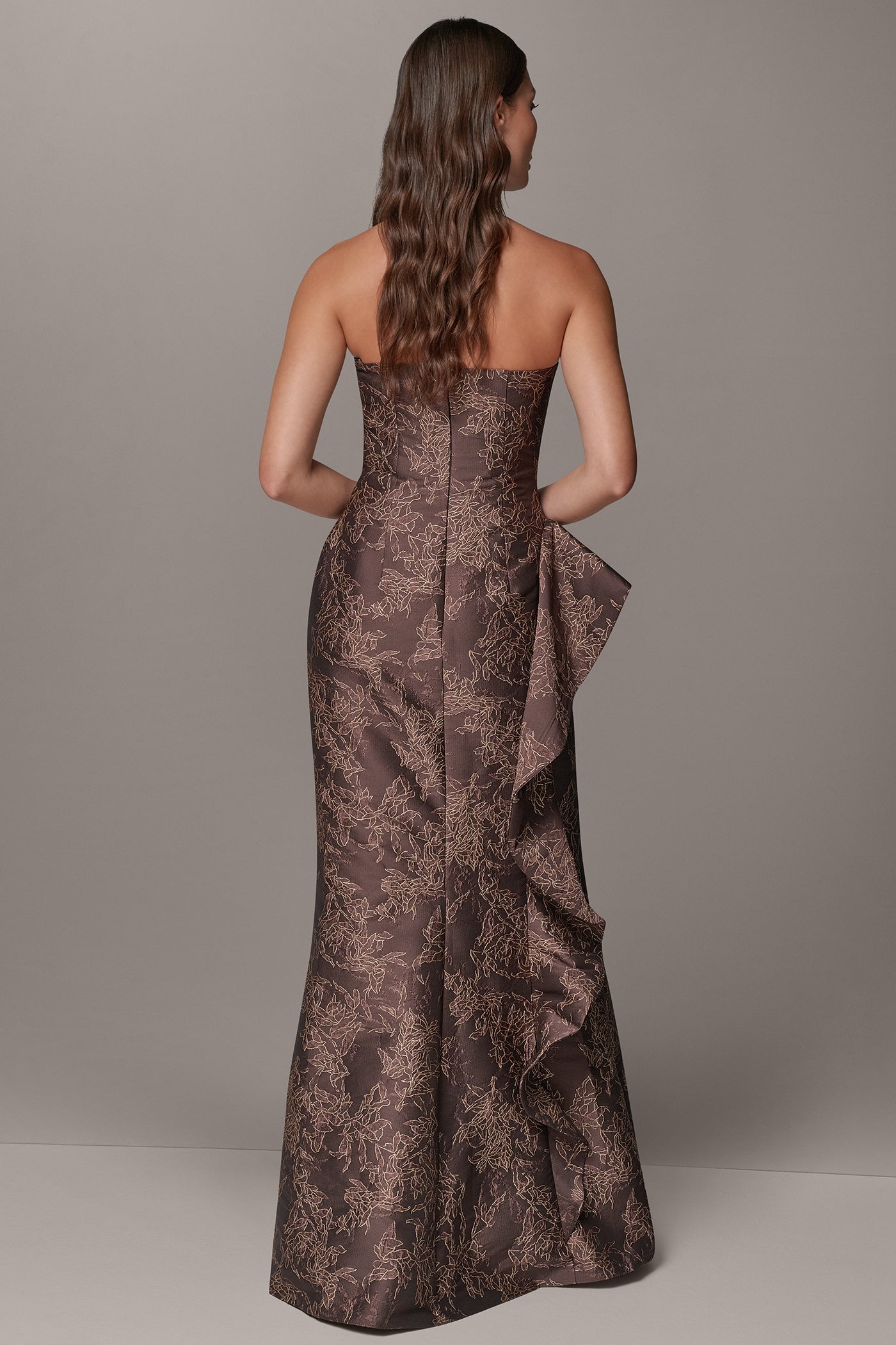 FLORAL JACQUARD STRAPLESS RUFFLE GOWN VIEW 3