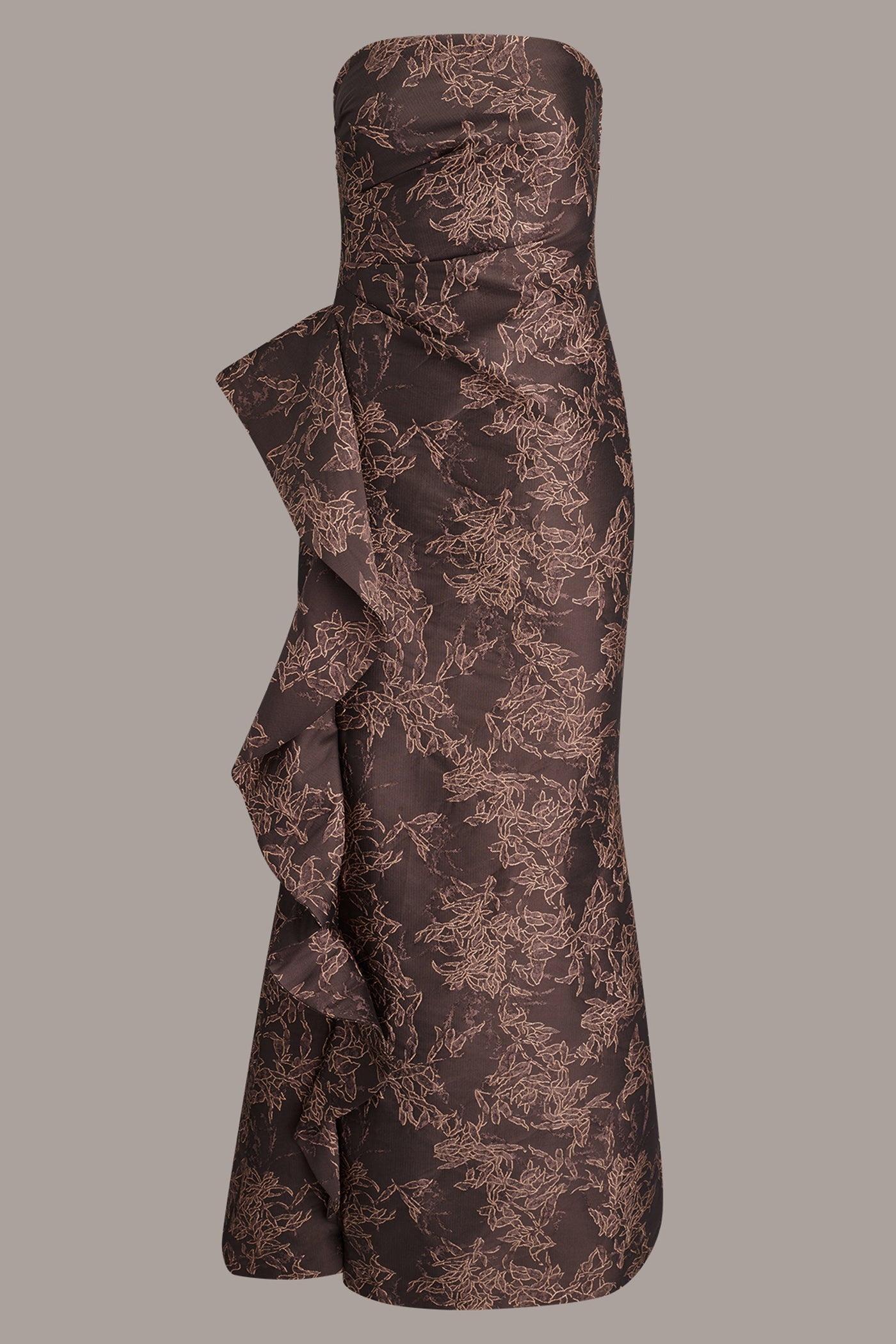 FLORAL JACQUARD STRAPLESS RUFFLE GOWN VIEW 8