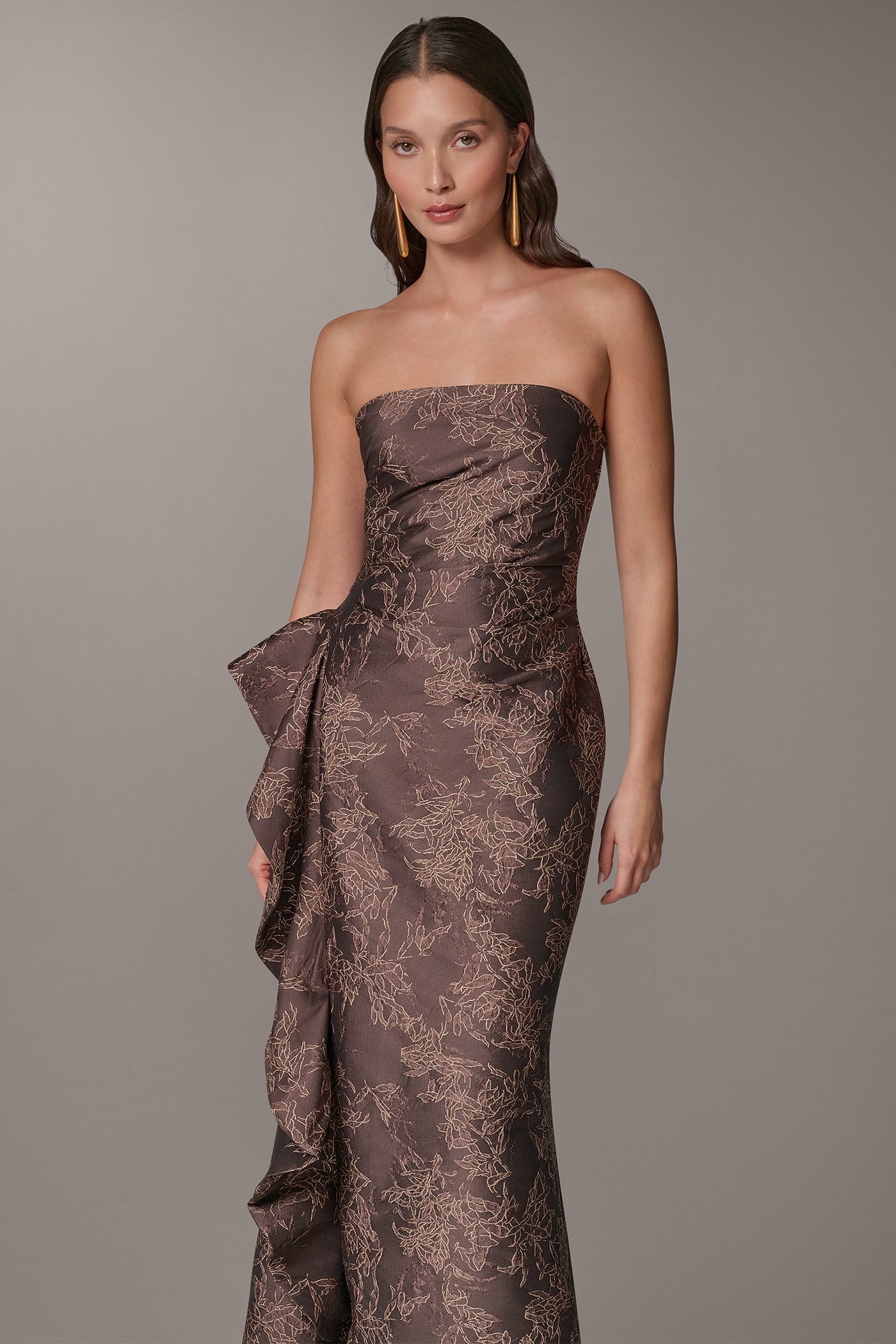 FLORAL JACQUARD STRAPLESS RUFFLE GOWN VIEW 6