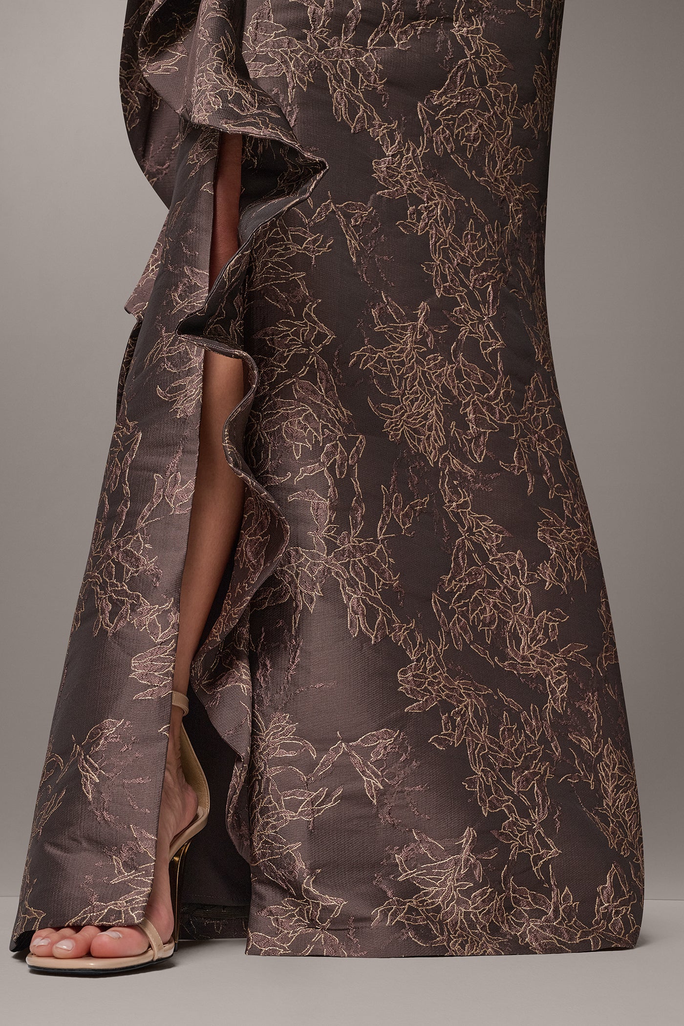 FLORAL JACQUARD STRAPLESS RUFFLE GOWN VIEW 5