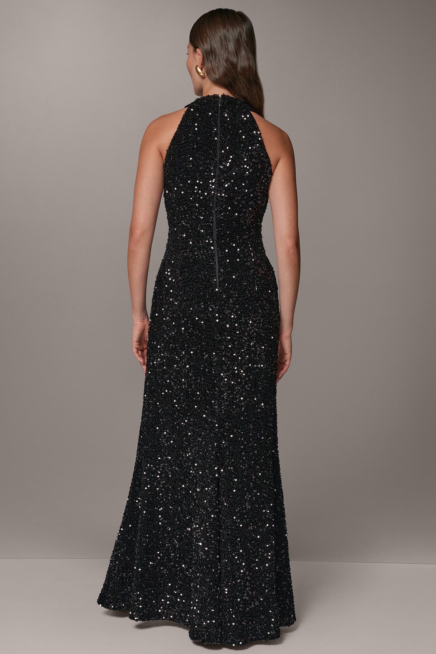 SEQUIN VELVET ASYMMETRIC HALTER GOWN VIEW 3 | Dresses & Jumpsuits