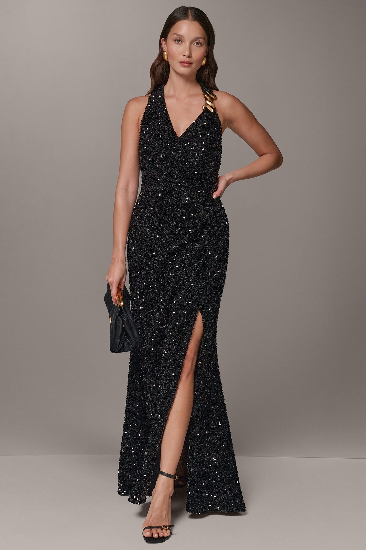 SEQUIN VELVET ASYMMETRIC HALTER GOWN