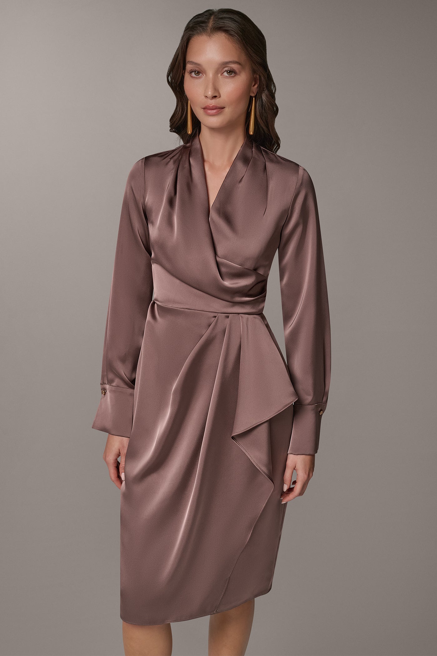 SATIN DRAPE WRAP-EFFECT SHEATH VIEW 8 | Holiday Collection