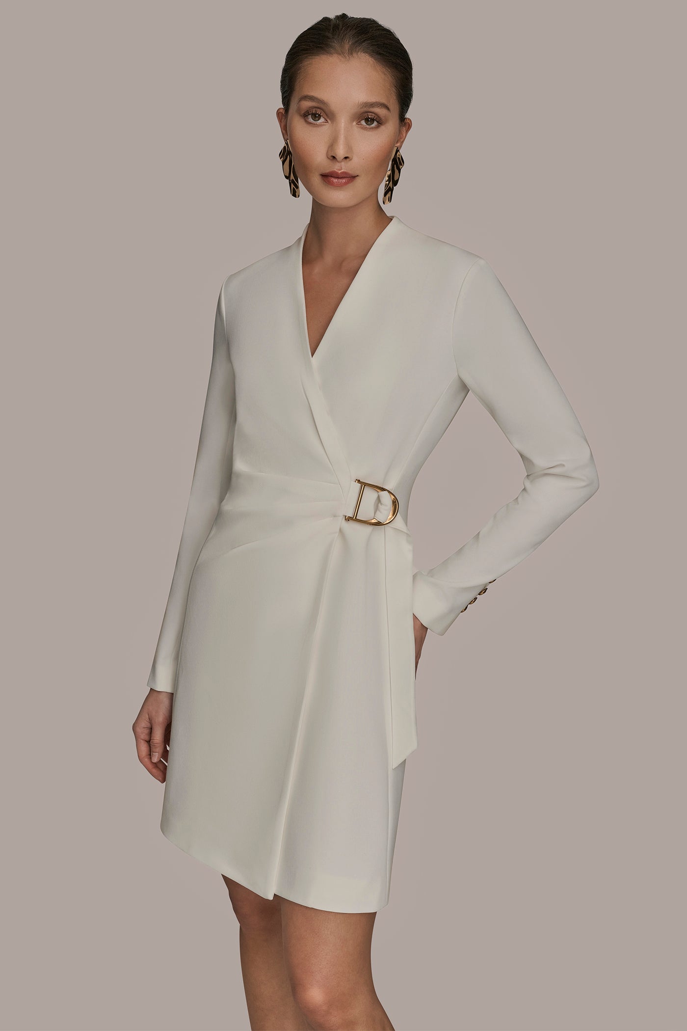 Donna Karan Women's V-Neck Long-Sleeve Wrap Dress - Cream - 4 Donna Karan Women's V-Neck Long-Sleeve Wrap Dress - Cream - 4