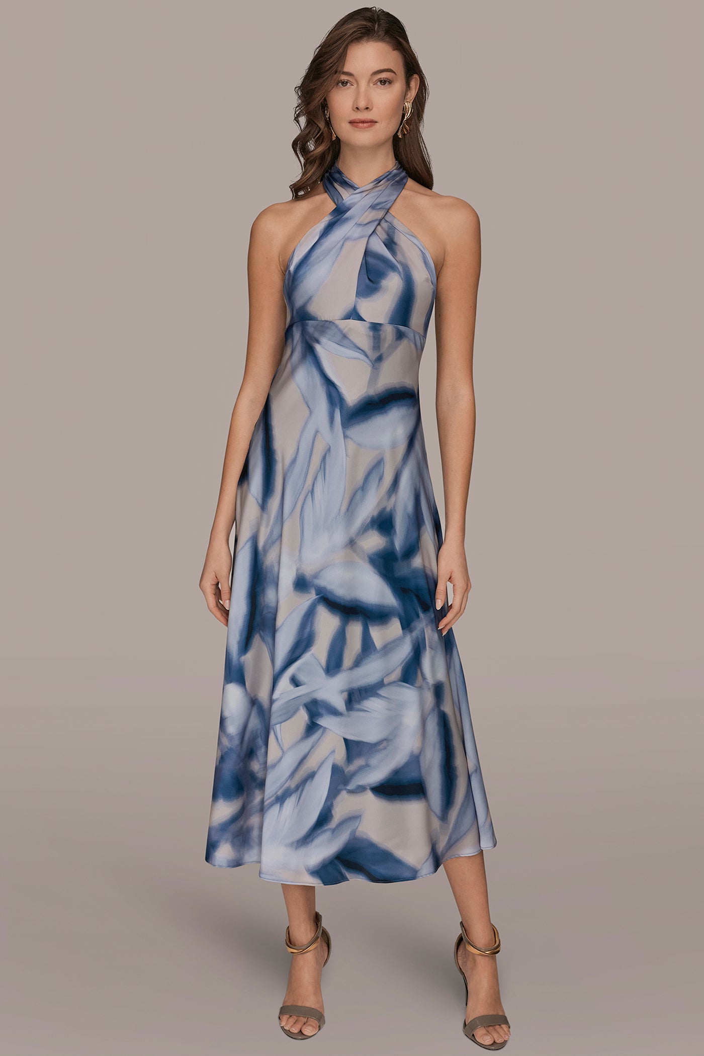 PRINTED CHARMEUSE MIDI HALTER DRESS | View 1 | Cocktail & Party