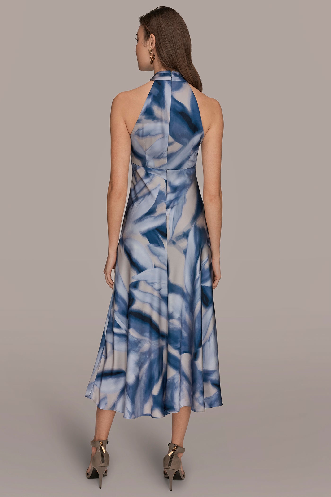 PRINTED CHARMEUSE MIDI HALTER DRESS | View 2 | Cocktail & Party