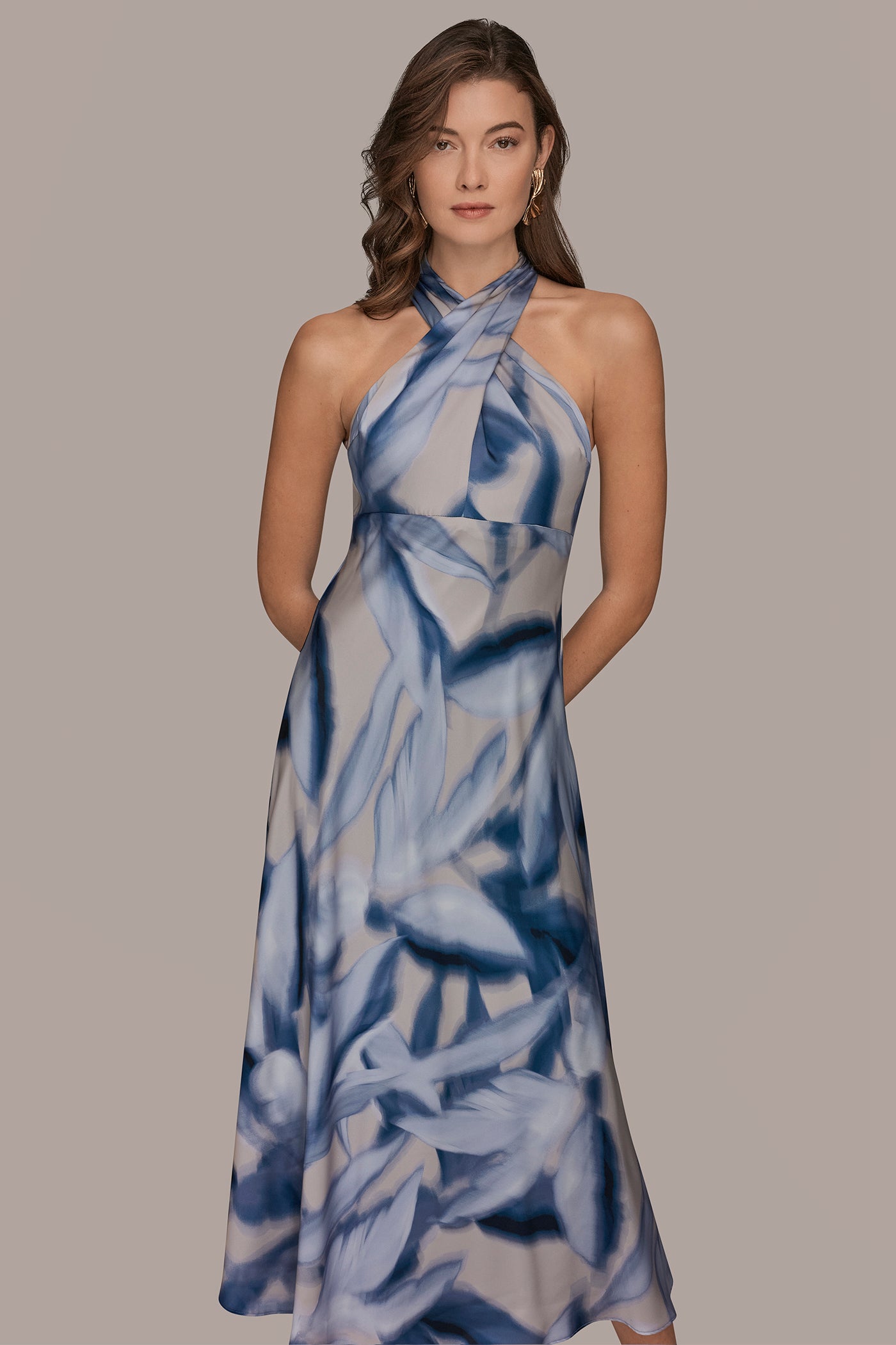 PRINTED CHARMEUSE MIDI HALTER DRESS VIEW 6 | Cocktail & Party