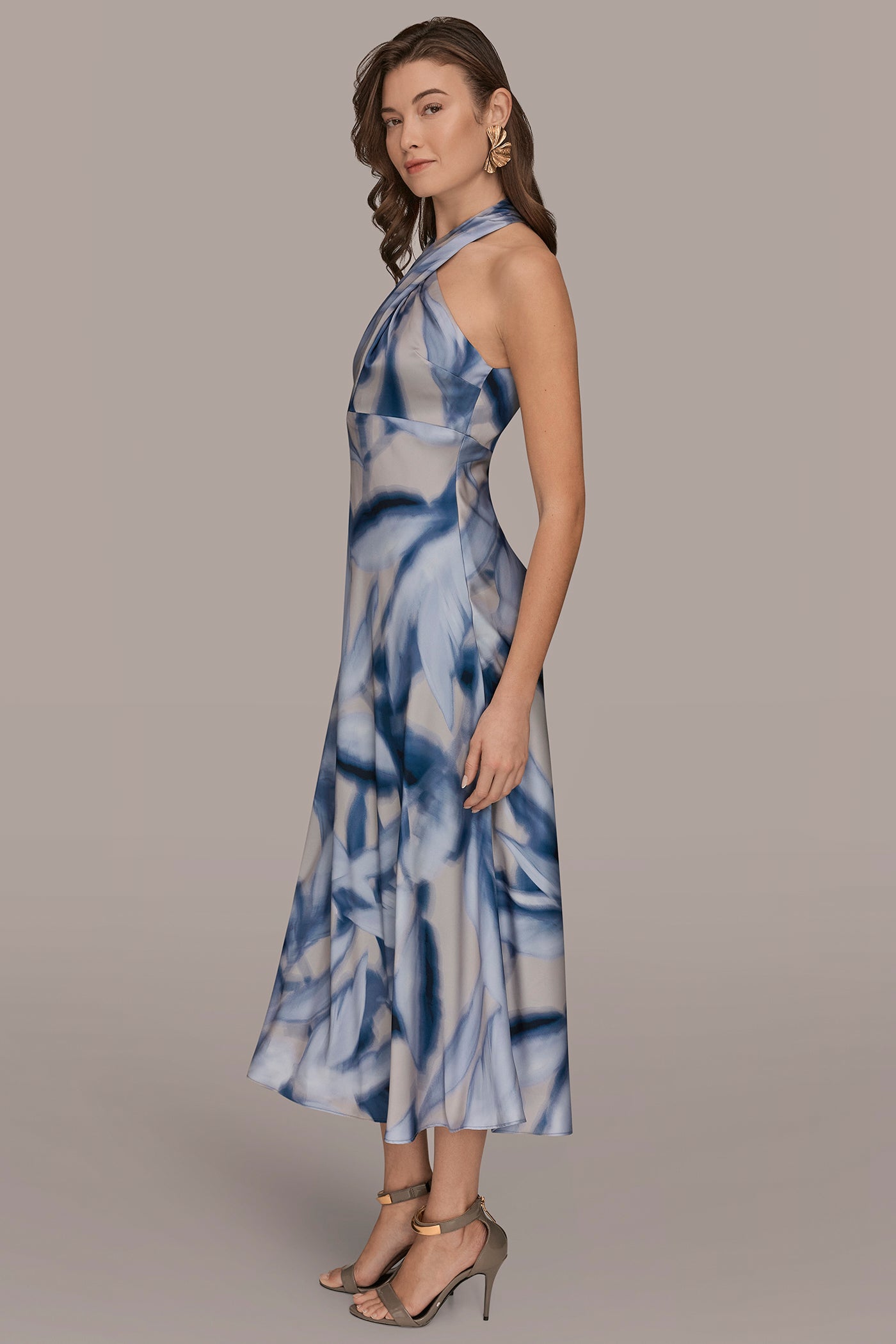 PRINTED CHARMEUSE MIDI HALTER DRESS VIEW 3 | Cocktail & Party