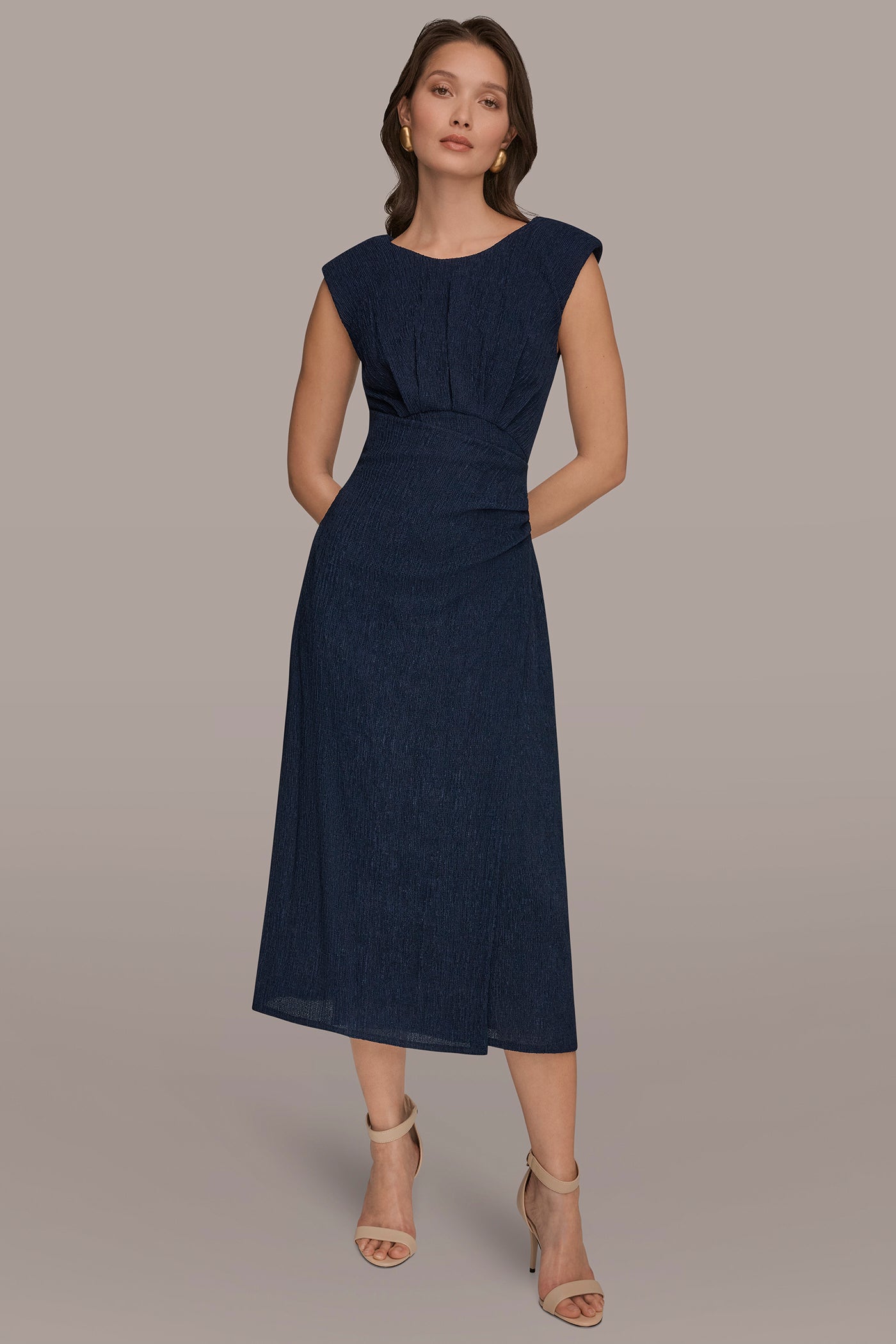 CRINKLED SLEEVELESS RUCHED MIDI DRESS | View 1 | New Arrivals