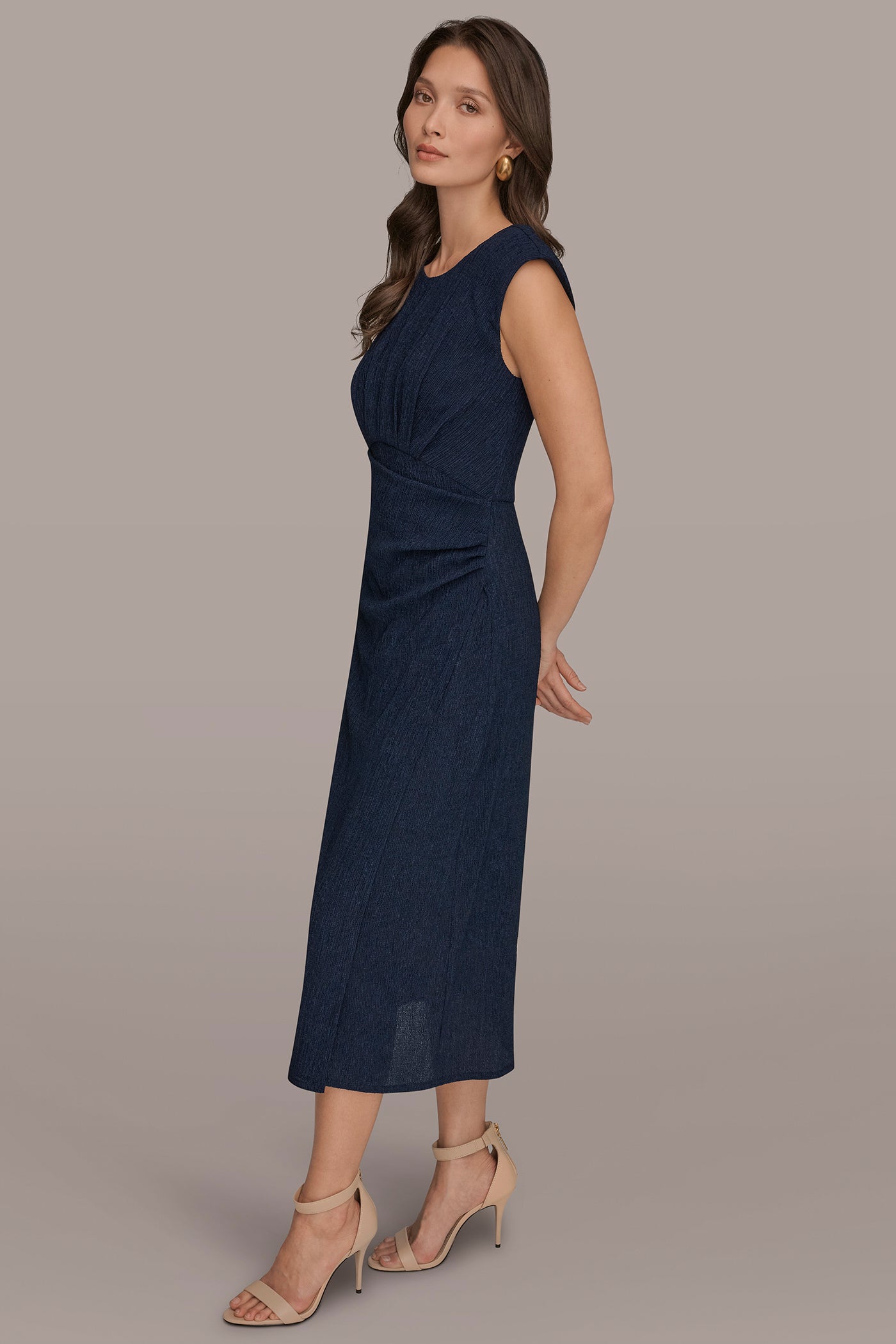 CRINKLED SLEEVELESS RUCHED MIDI DRESS VIEW 3 | New Arrivals