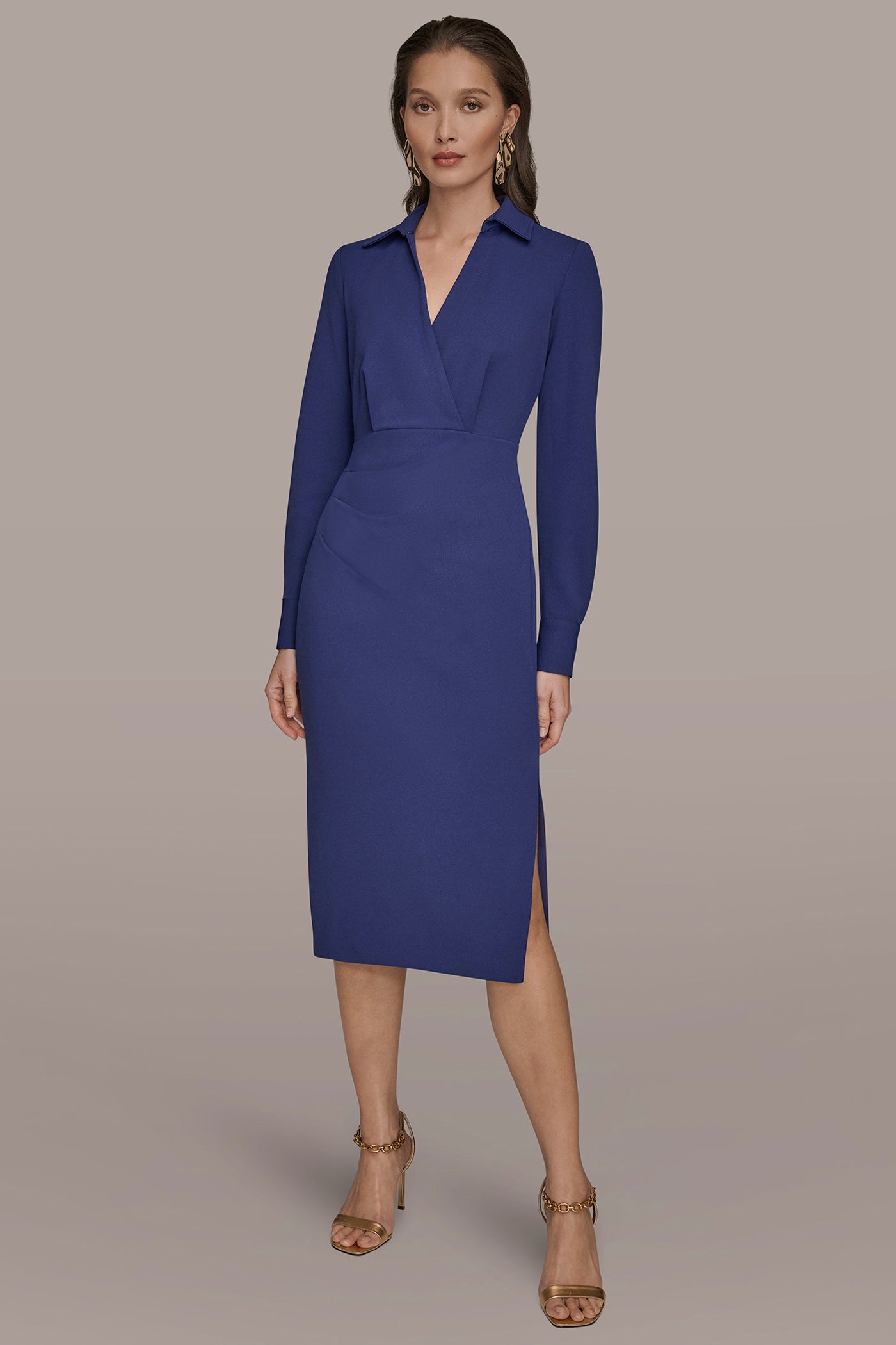 LONG SLEEVE WRAP-EFFECT MIDI SHIRT DRESS | View 1 | Dresses & Jumpsuits