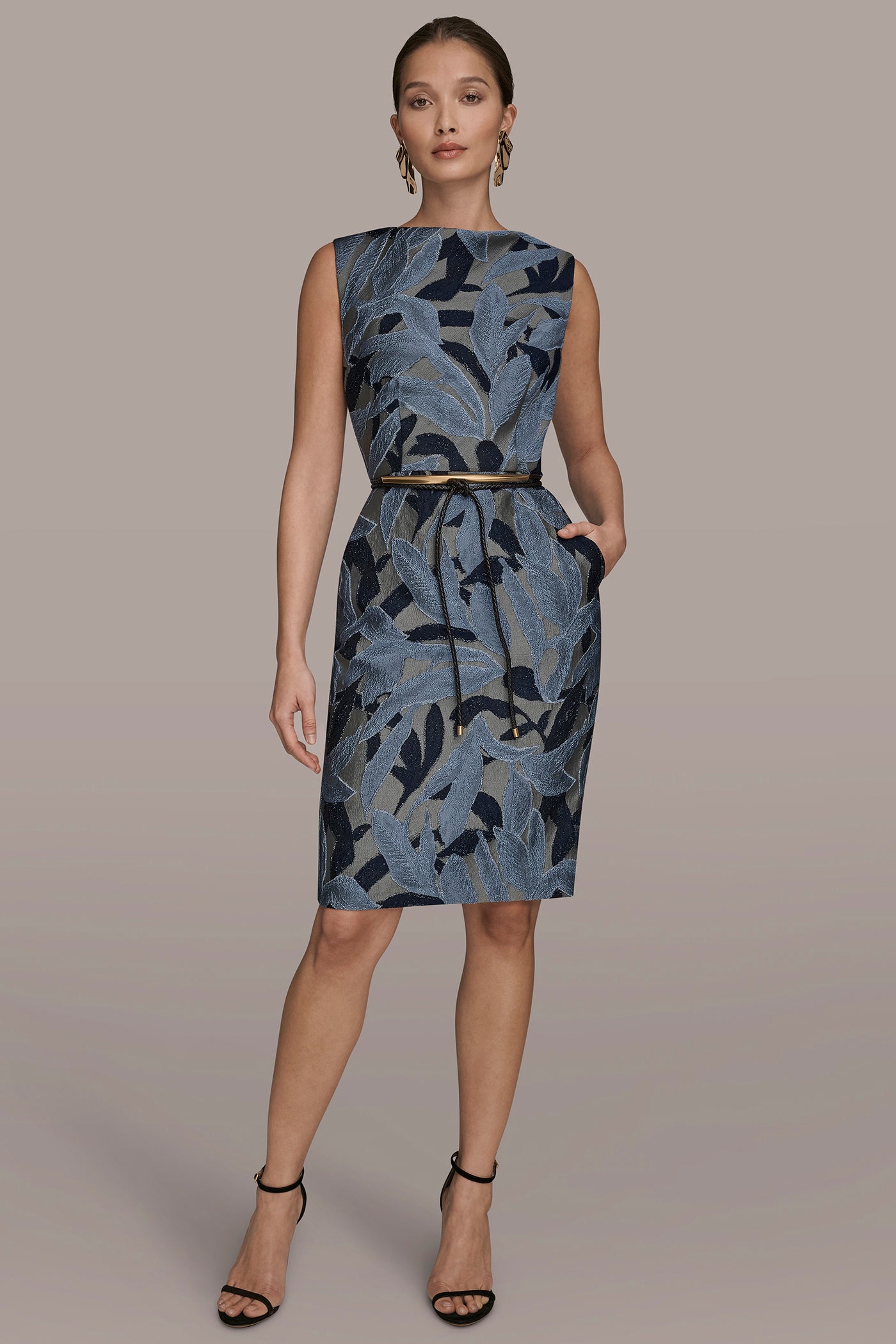 JACQUARD SLEEVELESS COWL-NECK SHEATH DRESS | View 1 | Dresses & Jumpsuits