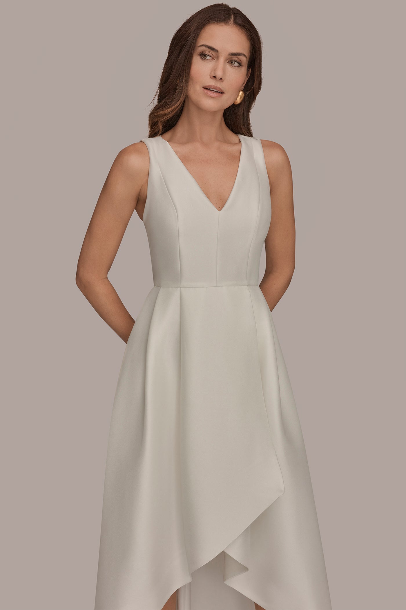 TAFFETA SLEEVELESS V-NECK HIGH-LOW GOWN VIEW 5 | New Arrivals