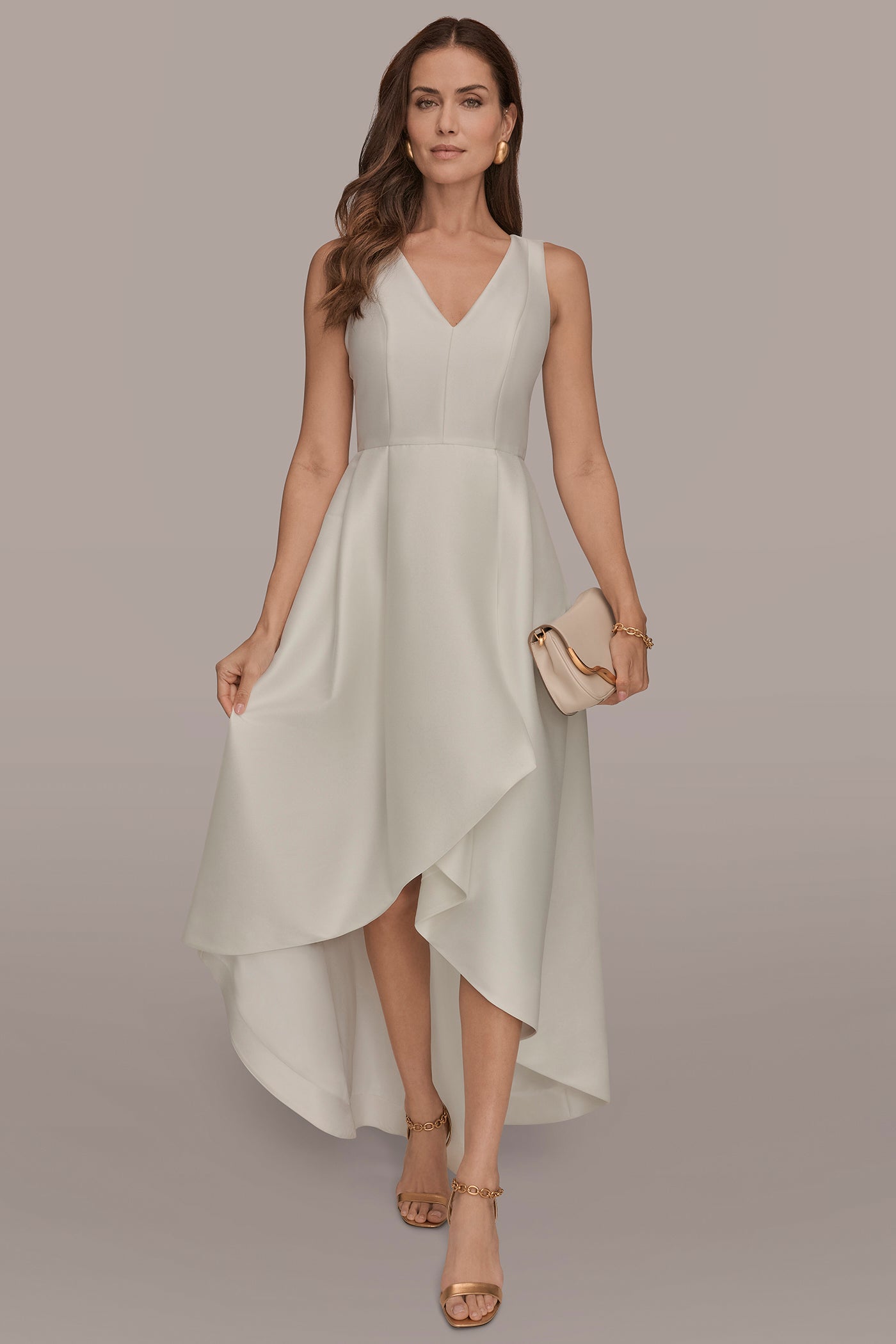 TAFFETA SLEEVELESS V-NECK HIGH-LOW GOWN | View 1 | Dresses & Jumpsuits