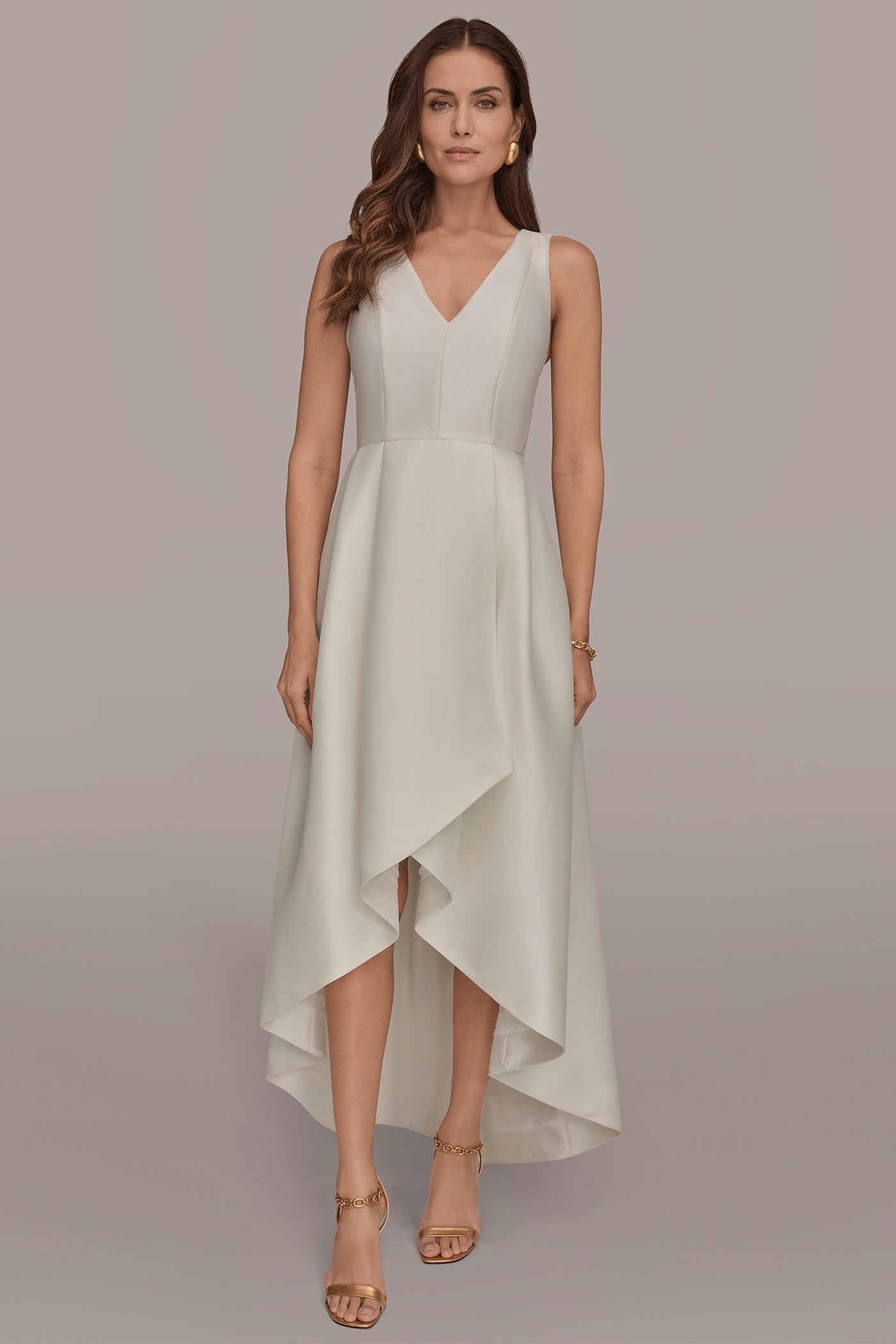 TAFFETA SLEEVELESS V-NECK HIGH-LOW GOWN VIEW 8 | New Arrivals